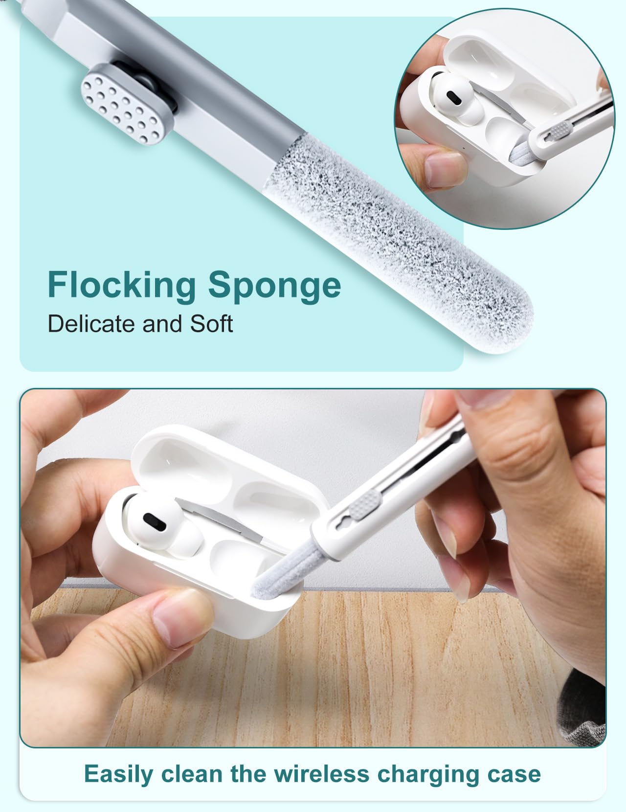 2 Pack Cleaner Kit for Airpods Pro 4 3 2 1, Multi-Function Cleaning Pen Tool with Soft Brush Flocking Sponge for Wireless Earbuds Bluetooth Headphone