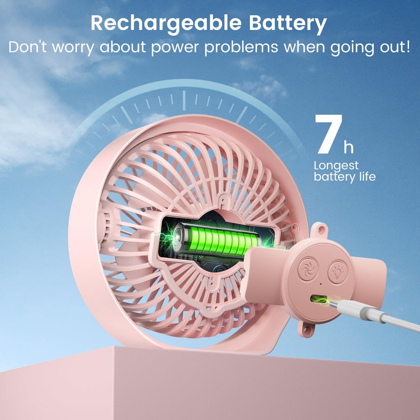 BURLAN Pink Desk Fan, Portable Rechargeable Battery Powered Fan for Bedroom