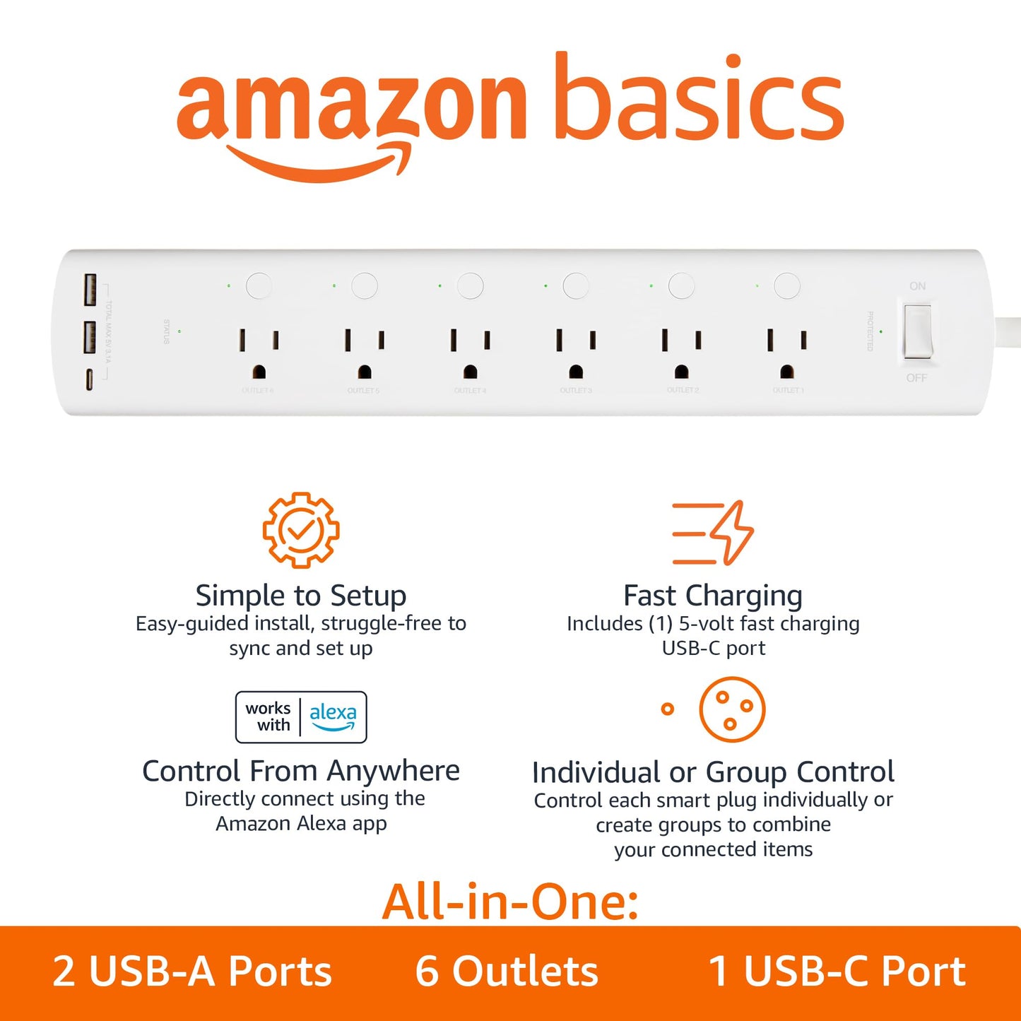 Amazon Basics Smart Plug Power Strip with 6 Individually Controlled Outlets and 3 USB Ports (2 USB-A and 1 USB-C), WiFi, Works with Alexa Only, 2.4