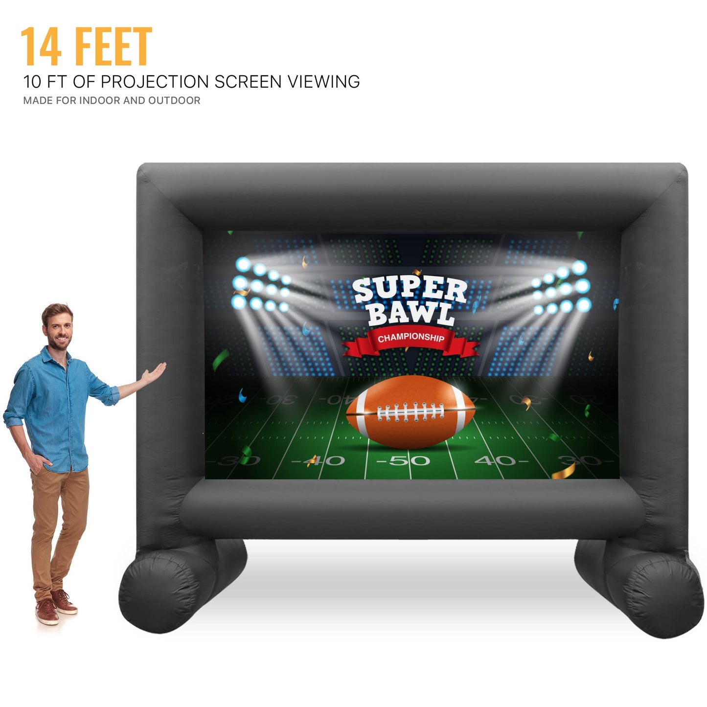 14 Feet Inflatable Outdoor and Indoor Theater Projector Screen with Built-in Blower - Includes Tie-Downs and Storage Bag - Supports Front and Rear