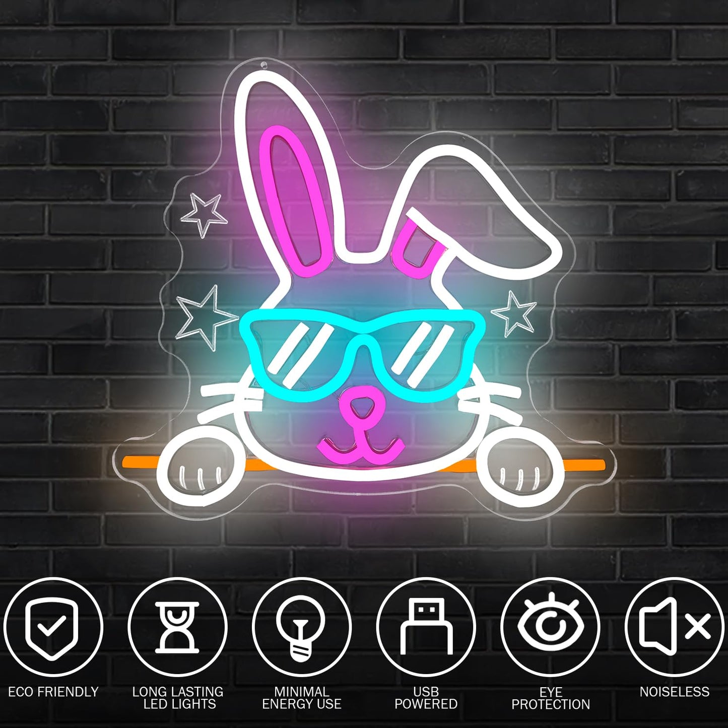Bunny Neon Sign Happy Easter Neon Light for Home Dimmable Easter Decorations Neon Wall Art Glasses Rabbits LED light Sign for Bar Office Shop Bunny