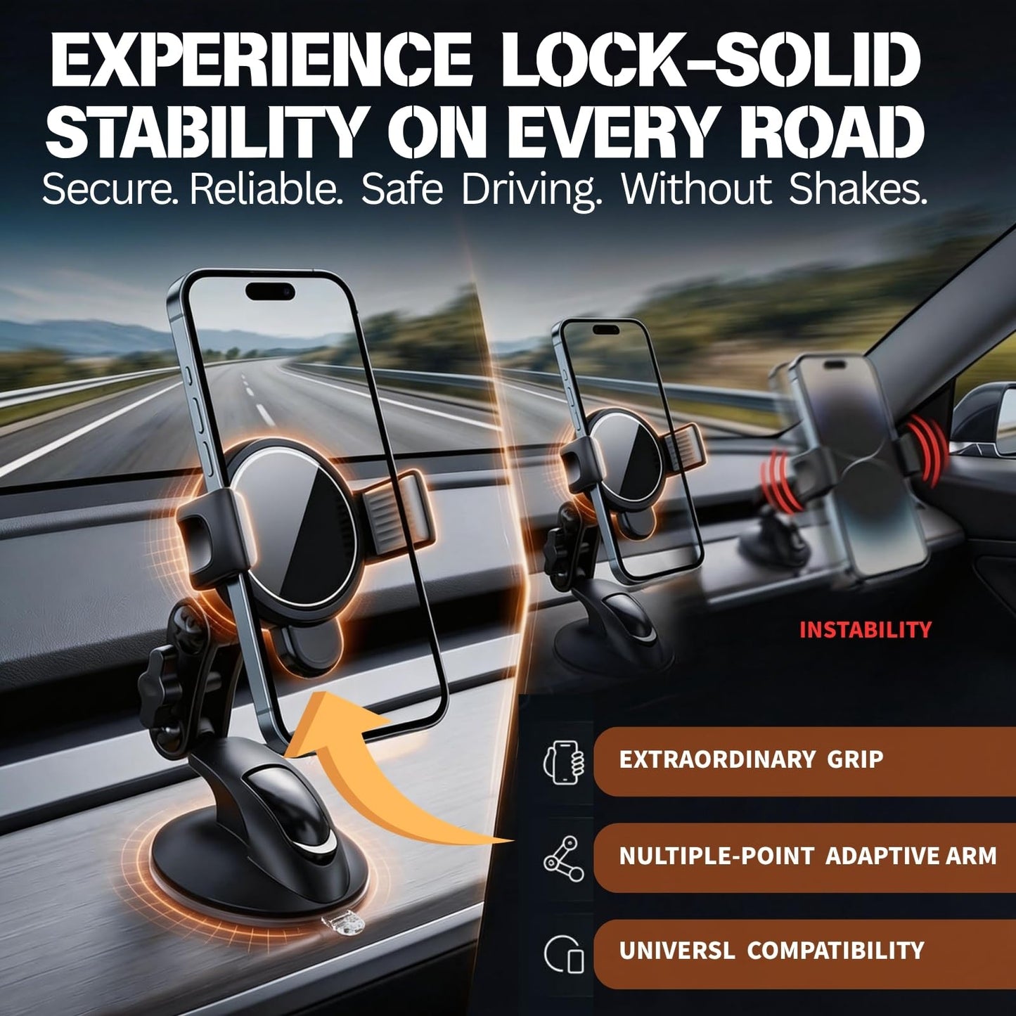 YUHENG Car Phone Holder for Windshield & Dashboard, Lock Suction Cup Phone Mount with 3-Axis 360° Adjustable Arm, Anti-Shake Clamp, Heat Resistant