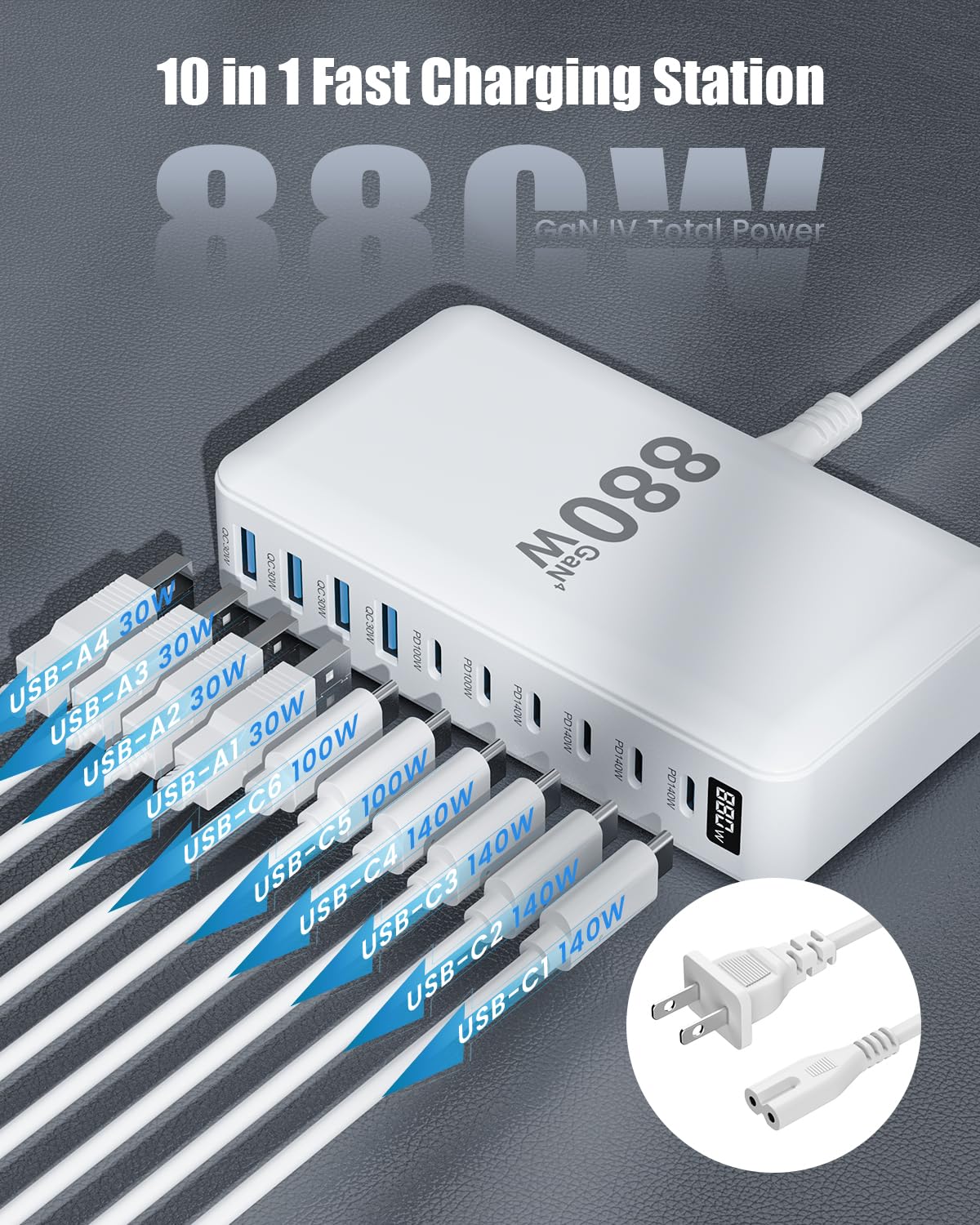 880W USB C Charger Block,10-Port USB C Charging Station GaN IV Travel Essentials Multiple Port Charging Station,140W Laptop Fast Charger Adapter