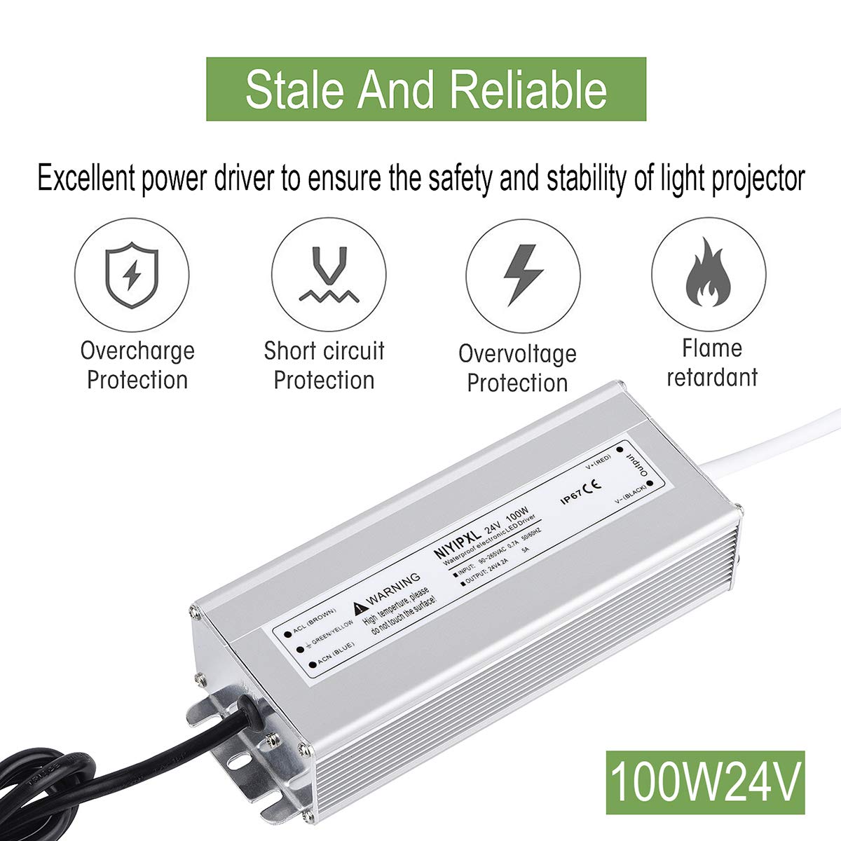 LED Driver 100 Watts 24V DC Low Voltage Transformer? Waterproof IP67 LED Power Supply, Adapter with 3-Prong Plug 3.3 Feet Cable for Any 24V DC led