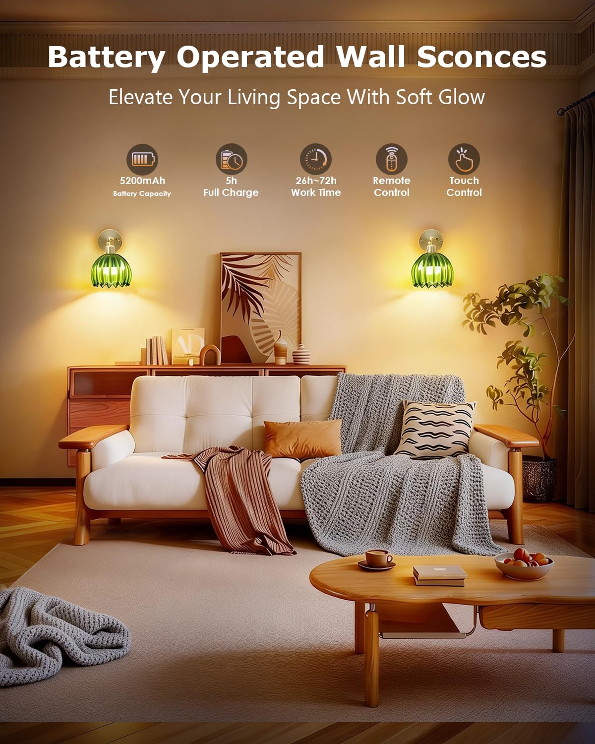 SMARYONG Vintage Battery Operated Wall Sconces Set of Two, with Green Tulip Glass Lampshade, Wireless Rechargeable Battery Powered Wall Light