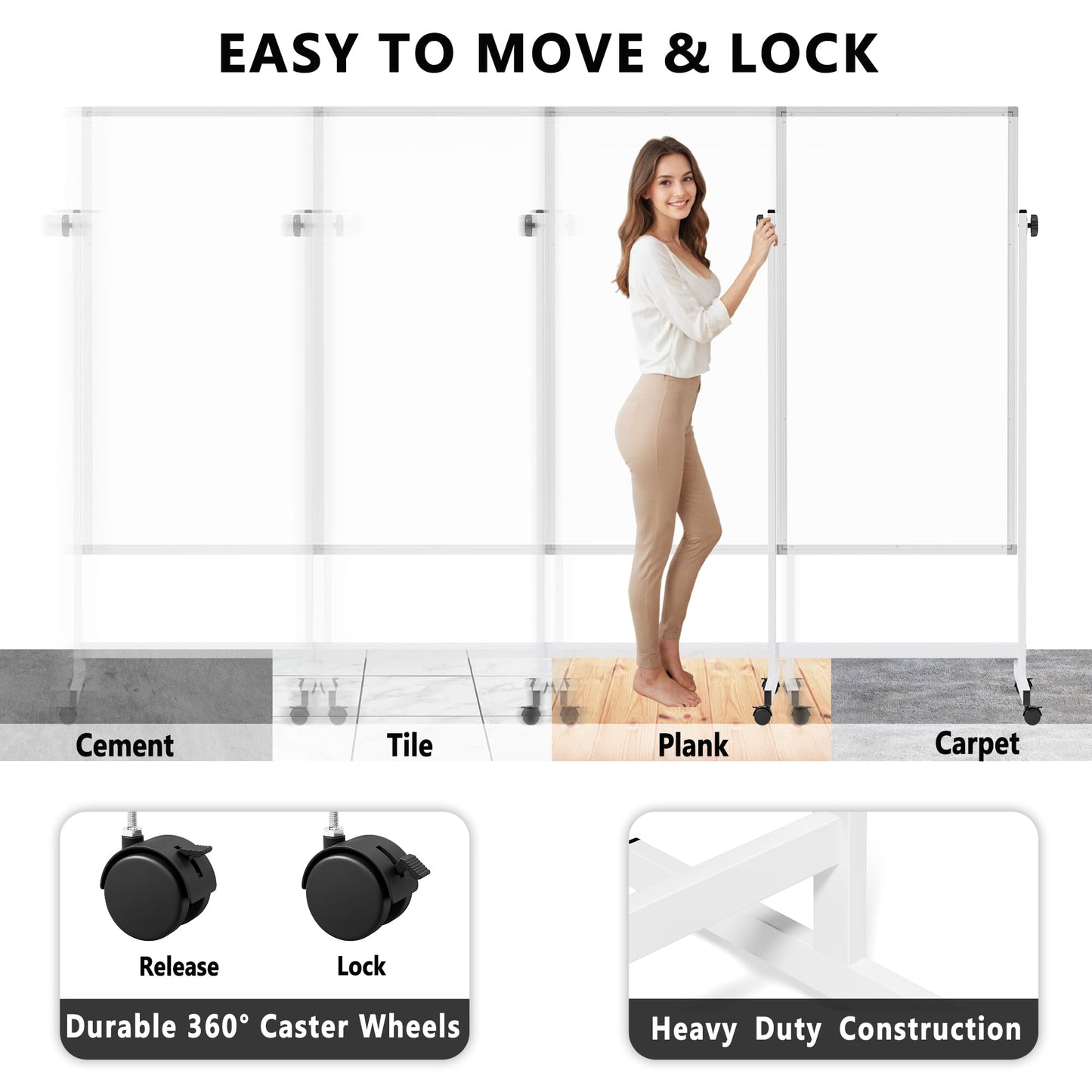 Large Rolling Whiteboard on Wheels, 48" x 24" Height Adjustable Mobile White Board with Stand, 4' x 2' Portable Standing Magnetic Dry Erase Board