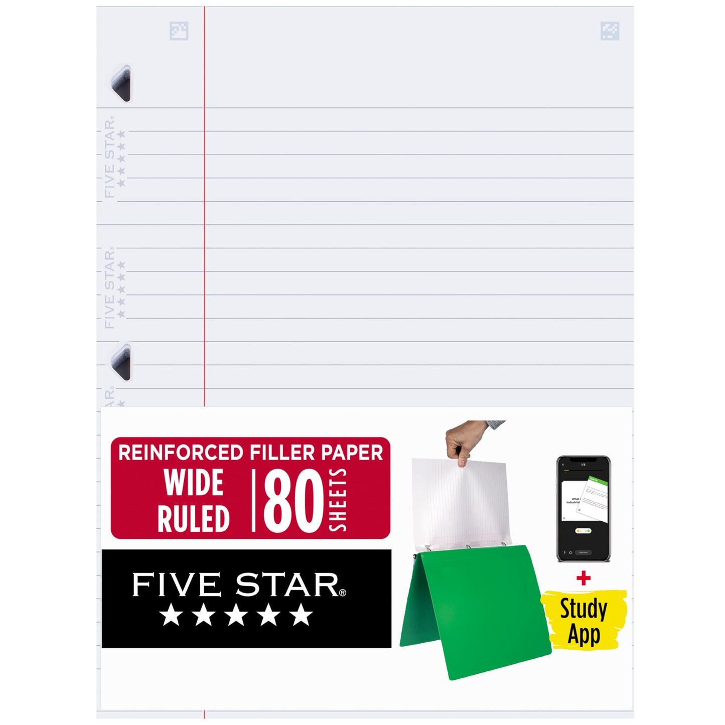 Five Star Loose Leaf Paper + Study App, Wide Ruled Filler Notebook Paper, Reinforced, Fights Ink Bleed, 8" x 10-1/2", 80 Sheets (150002)