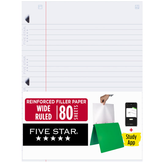 Five Star Loose Leaf Paper + Study App, Wide Ruled Filler Notebook Paper, Reinforced, Fights Ink Bleed, 8" x 10-1/2", 80 Sheets (150002)