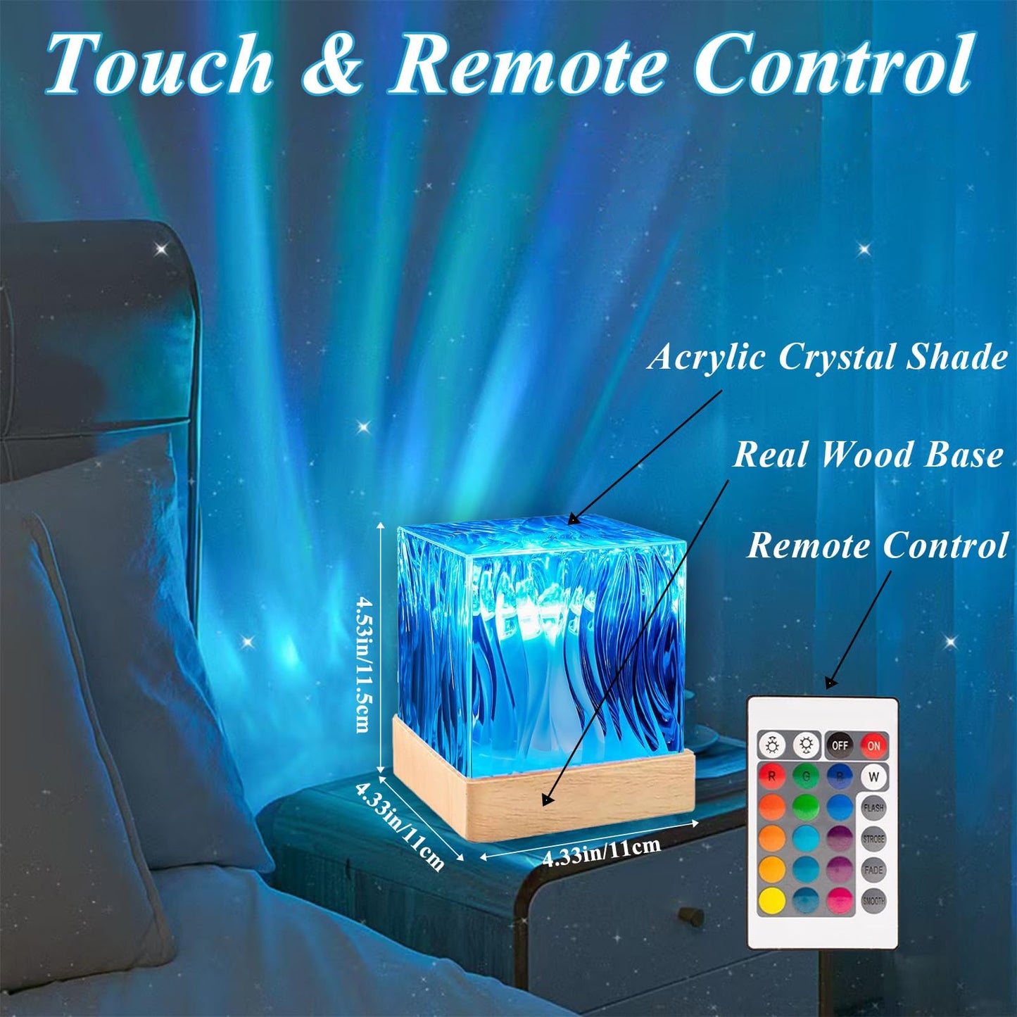 Northern Lights Projector Touch,16 Colors Changing Light Dimmable Mood Lighting, Cube Aurora Glow Lamps with Dynamic Ripple Effect, Remote Galaxy