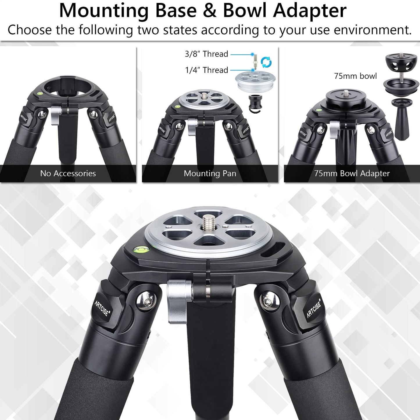 Carbon Fiber Tripod Heavy Duty Bowl Tripod ARTCISE AS90C Ultra Stable Carbon Stand with 75mm Bowl and Adapter 10 Layers Carbon Fiber 40mm Leg Tube Max