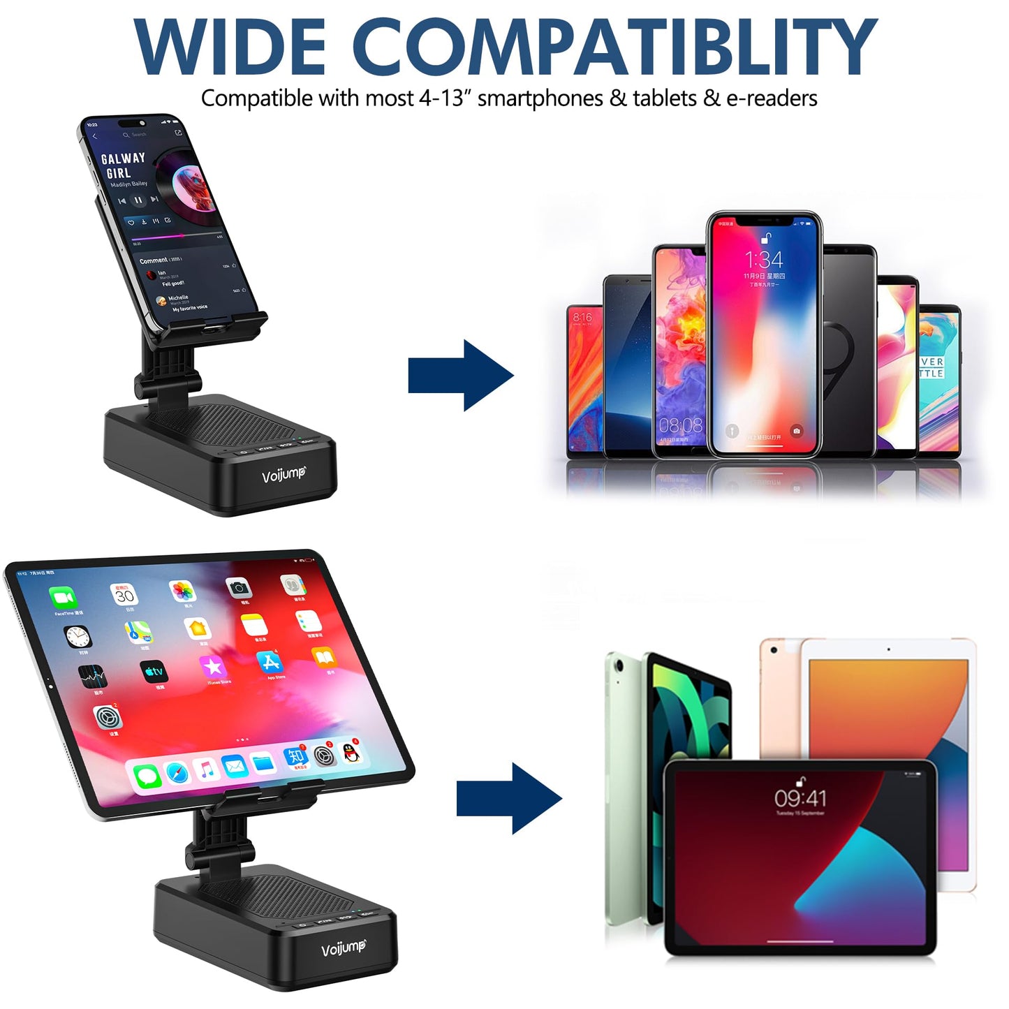 Cell Phone Stand with Wireless Bluetooth Speaker and Charging, Anti-Slip Base HD Surround Sound, Perfect for Home/Outdoor, Phone Holder Compatible
