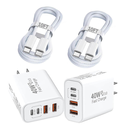 iPhone 17 Charger Fast Charging,4-Port USB C Charger Block 2Pack 40W Apple Charger with 10FT USB C to C Woven Braid Cable Cord for Apple iPhone 17e/17