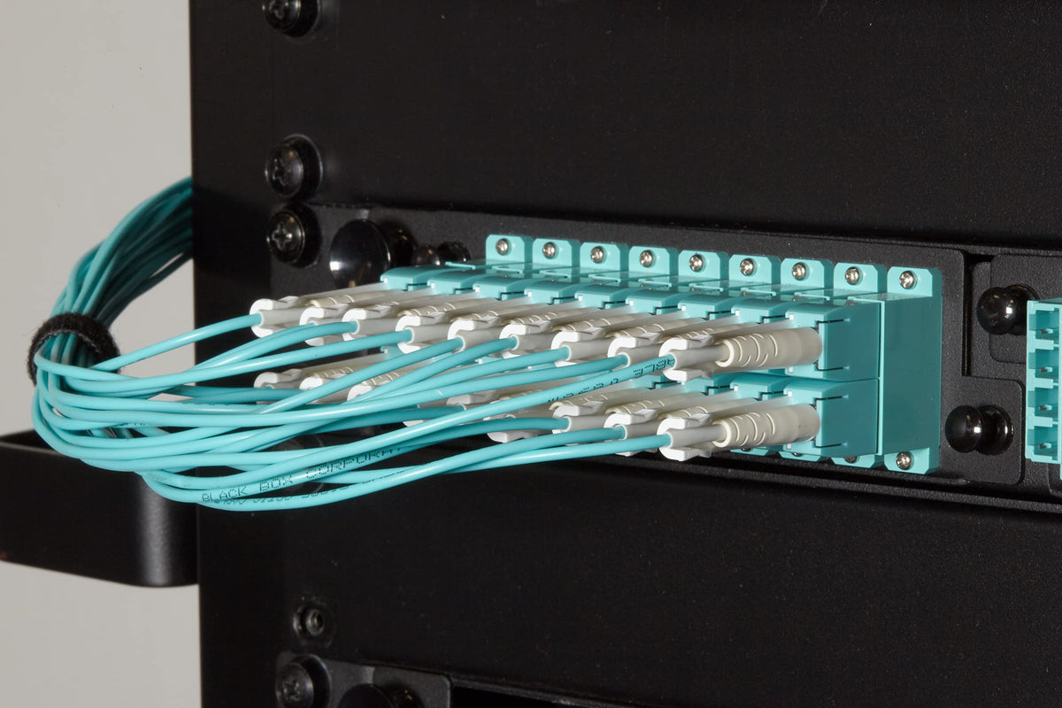 Black Box OM4 50/125 Fiber Patch Cable, Push-Pull Tabs, PVC, LCLC, Aqua, 3M