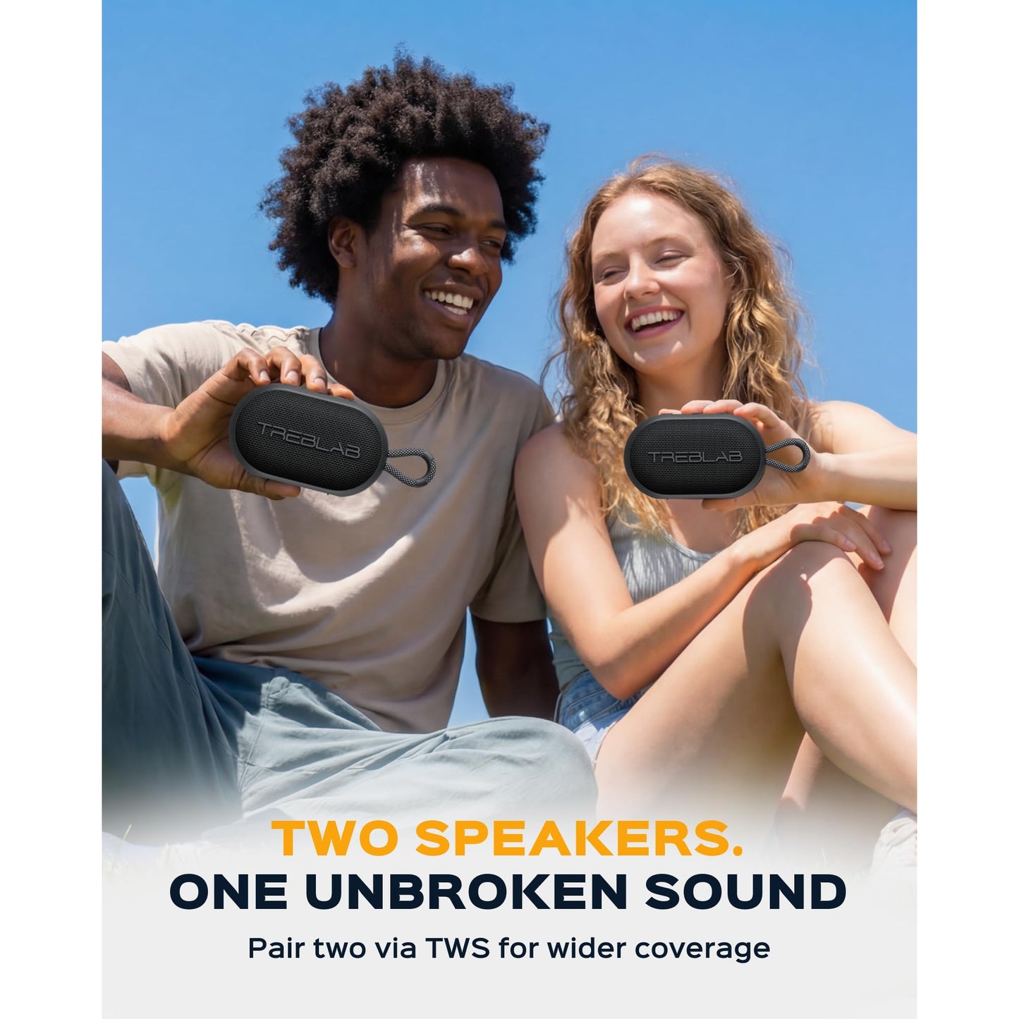 TREBLAB HD-Go - Ultra Portable Hand Held Speaker with Clip, 7W Power with Bass, 16H Playtime, IPX7 Waterproof, Built-in Mic, Compact & Lightweight