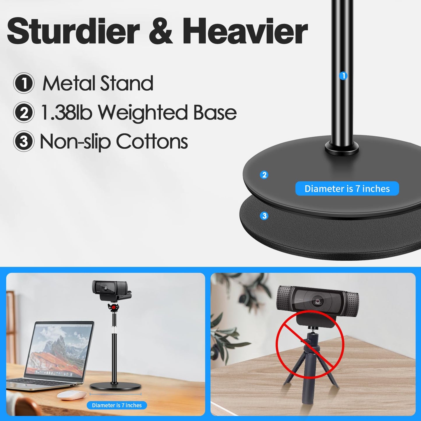Nycetek Webcam Tripod Stand for Desk: Webcam Stand for Logitech Brio | C920 | C922 | C615 | C930e - Height & Angle Adjustable Desktop Tripod for Light