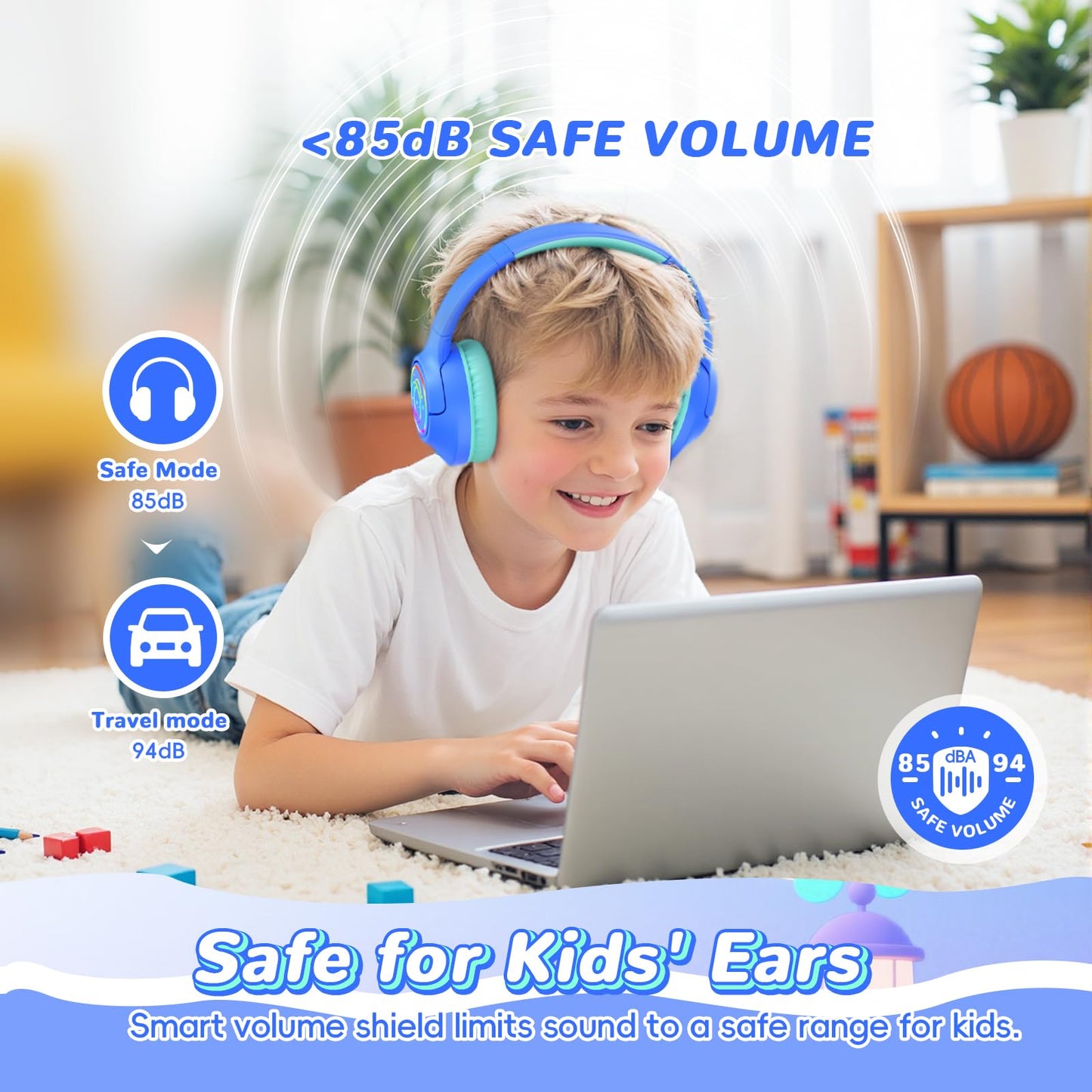 Kids Bluetooth Headphones with 85H Playtime for Toddler Boy, Blue with LED
