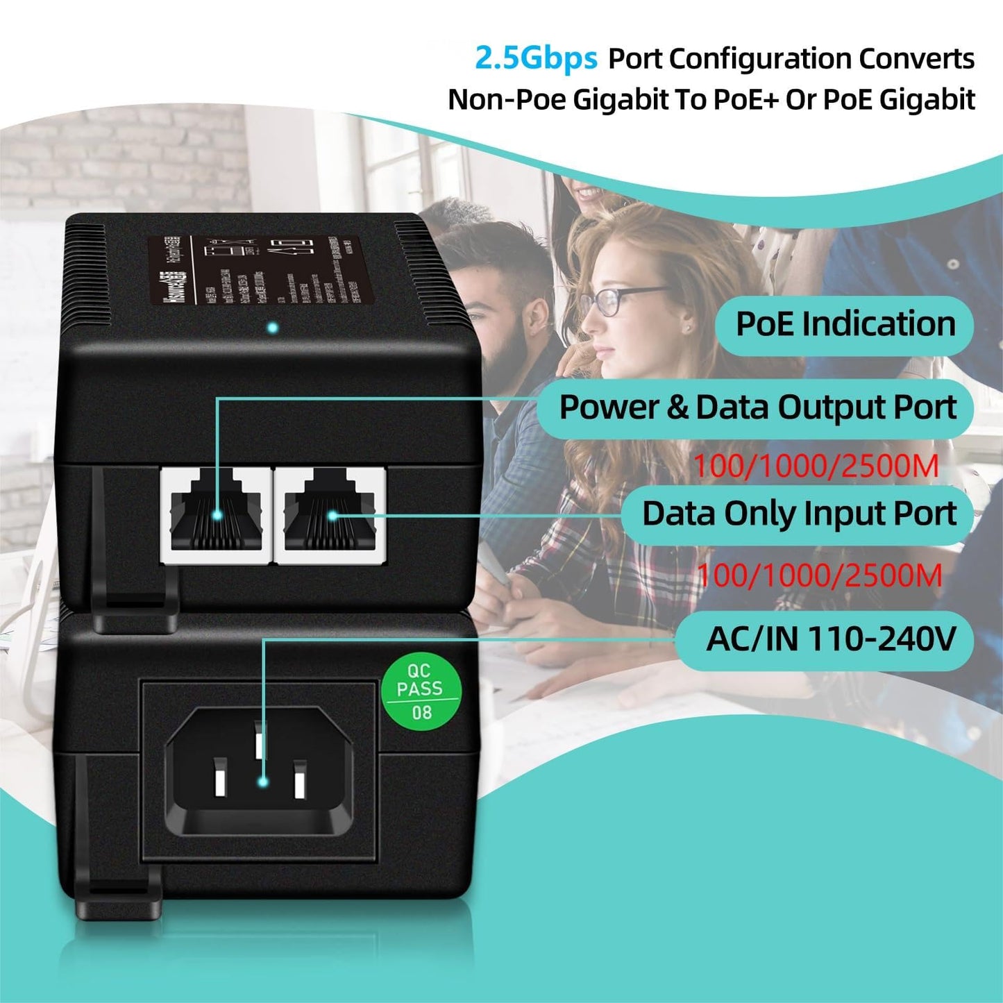 PoE Injector Up to 60w Power Supply, 2.5 Gigabit PoE Adapter for IP Cameras and VoIP Phones Network Distance Up to 328 ft. PoE Power Supply IEEE