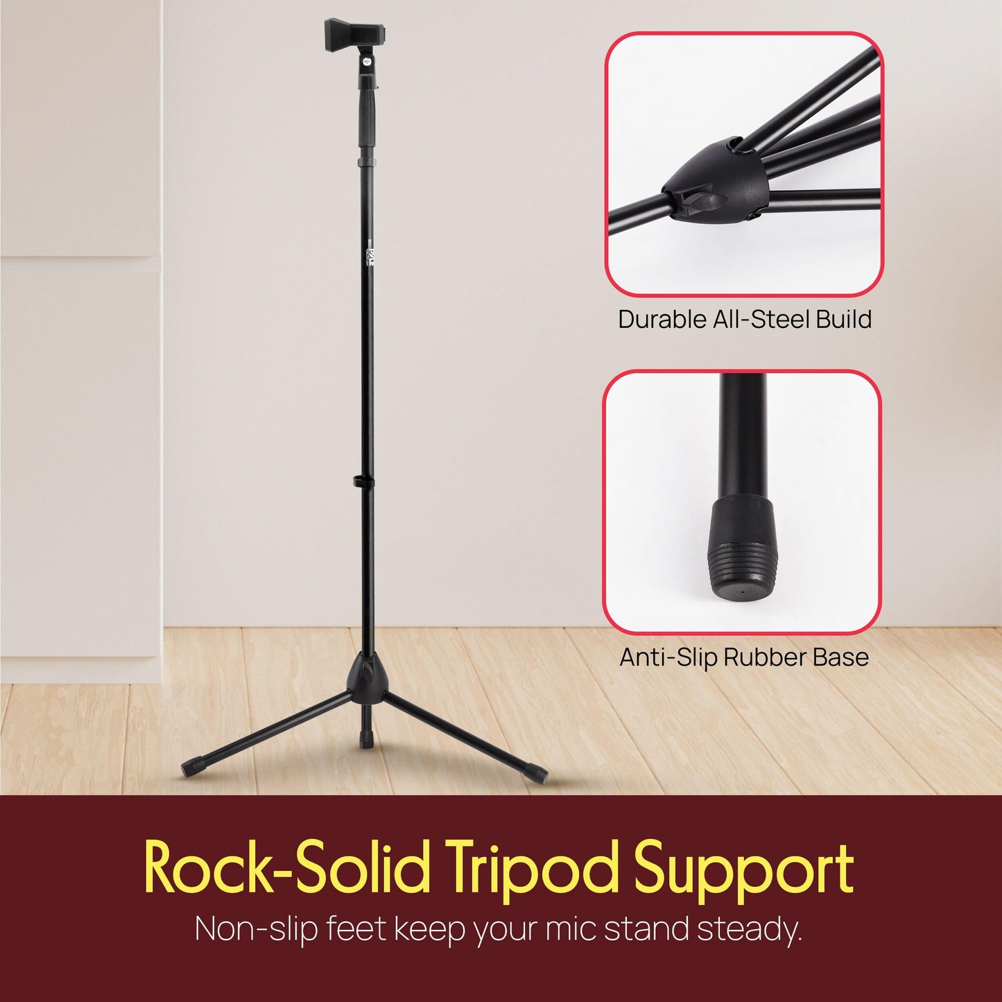 Pyle Tripod Microphone Stand, Height Adjustable from 39.37" to 66.14'', Mic Stand for Floor, Sturdy and Durable Build, Non-Slip Rubber Feet, With 5/8"
