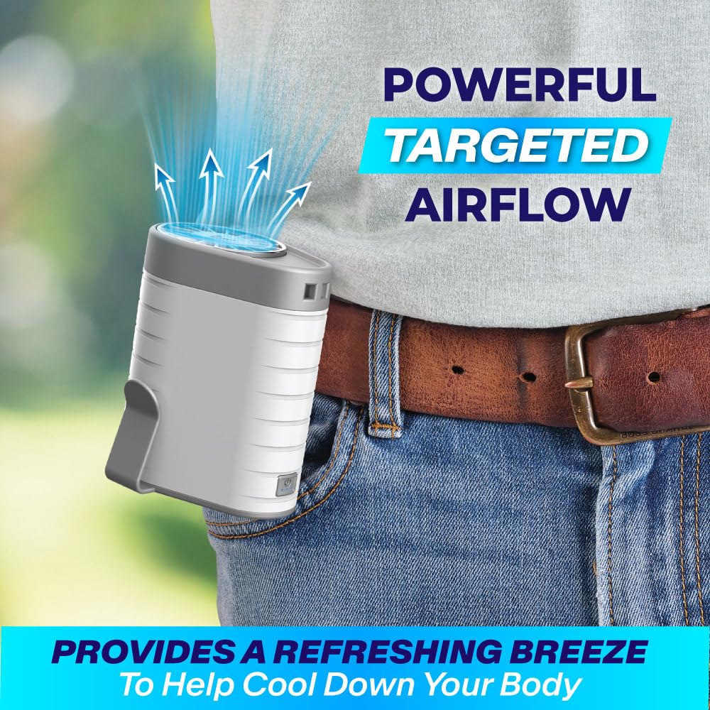 Arctic Air Breeze Jet Wearable Air Cooler, 3-Speed Portable Rechargeable Fan, Long-lasting, Lightweight Clip-On Neck & Waist Fan for Travel, Outdoors