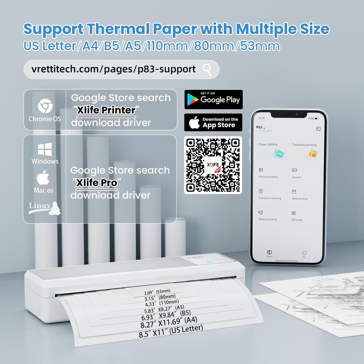 vretti P83 Portable Printers Wireless for Travel, A4 Portable Thermal Printer, Mobile Inkless Printer Compatible with Phone & Laptop, Supports 8.5 x