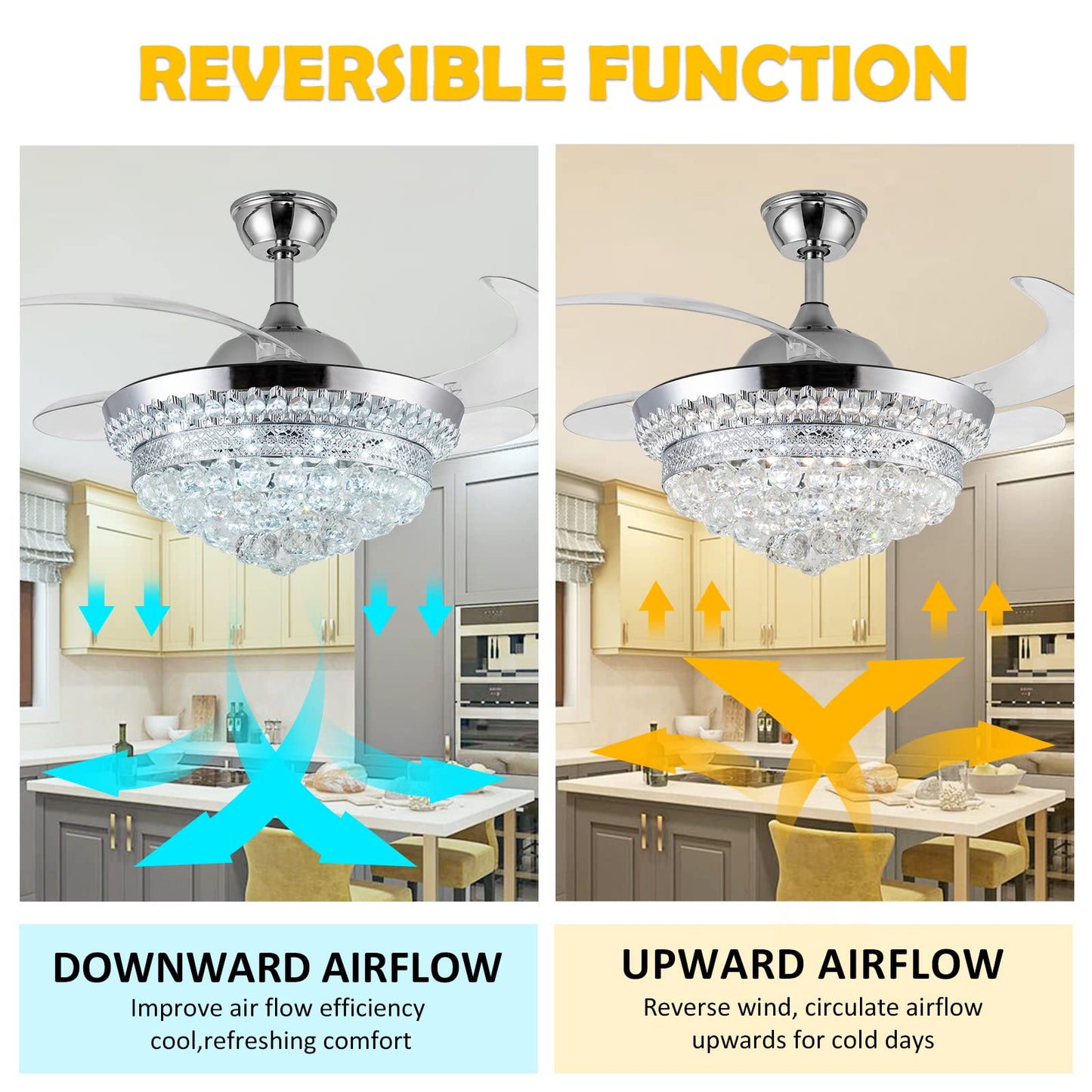 Panghuhu88 42" Invisible Ceiling Fan Chandelier with Light,Modern Crystal Ceiling Fan Light Remote Control 4 Retractable ABS Blades for Bedroom Living
