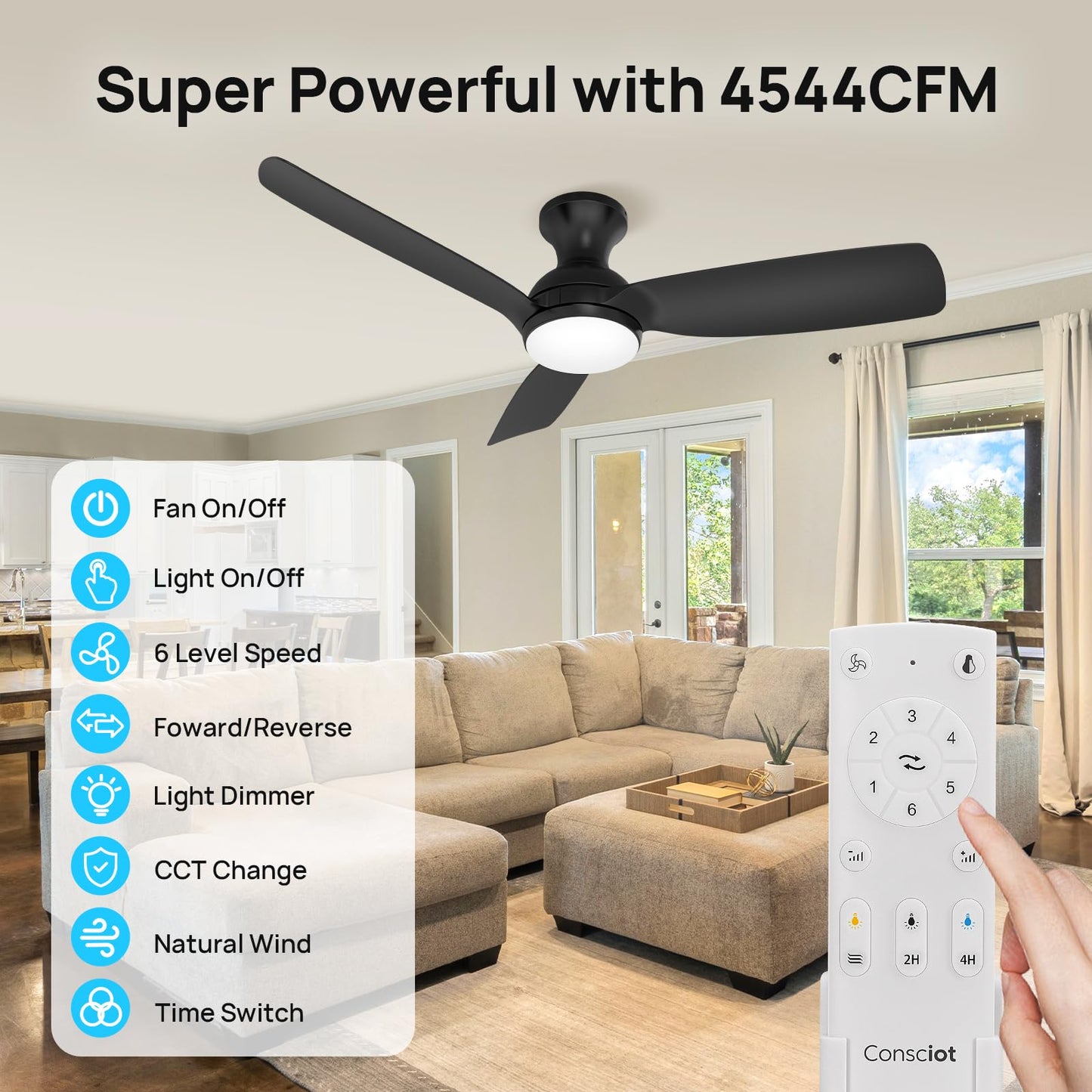 Consciot Ceiling Fan With Light, 44 Inch Low Profile Ceiling Fan with remote control, 6-speed choice, Reversible DC motor, 3CCT, Dimmable, Whisper
