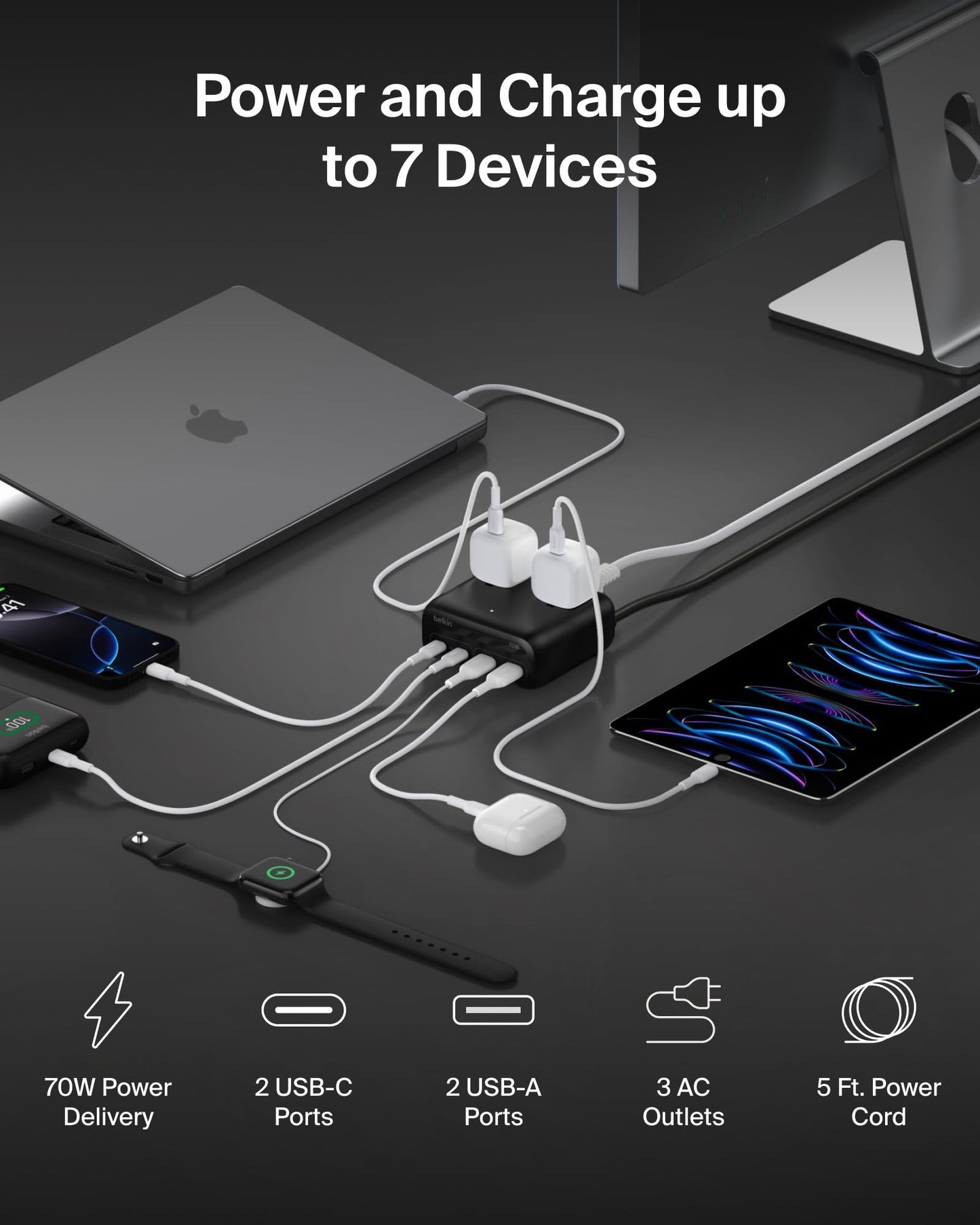 Belkin GaN Charging Station 70W, 7-in-1 Dual USB C Charger w/ 3x AC Outlets, 2x USB A Ports, Power Strip, iPhone Charger Fast Charging, Apple Watch