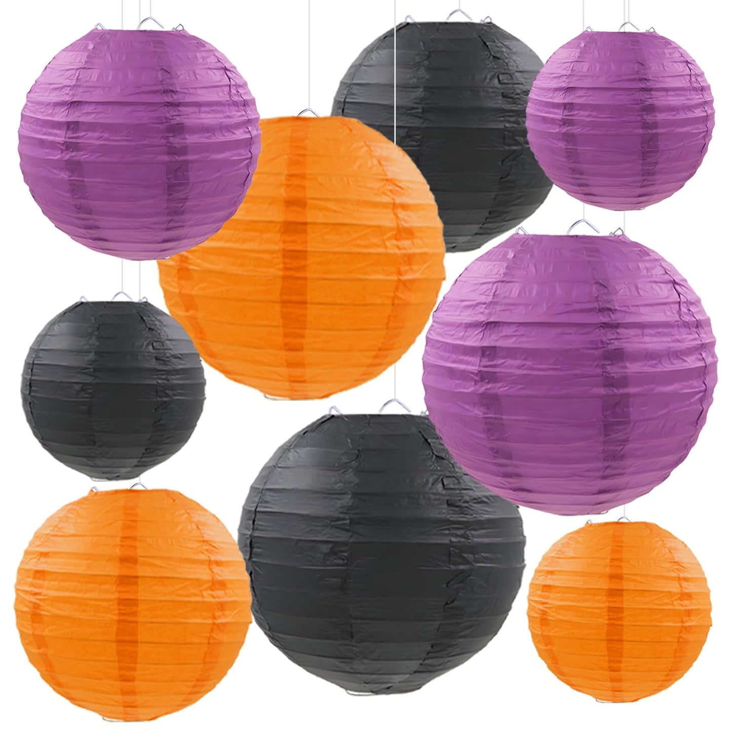 FUGUIR Halloween Paper Lanterns Purple Orange Black Hanging Paper Lanterns for Birthday Halloween Decorations (9 PCS)