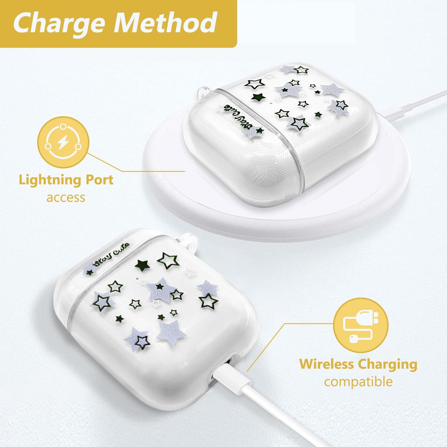 AIIEKZ Compatible with AirPods Case Cover, Kawaii Clear Soft TPU Case with Cute Star Keychain for AirPods 1&2 Generation Case for Girls Women (Airpods