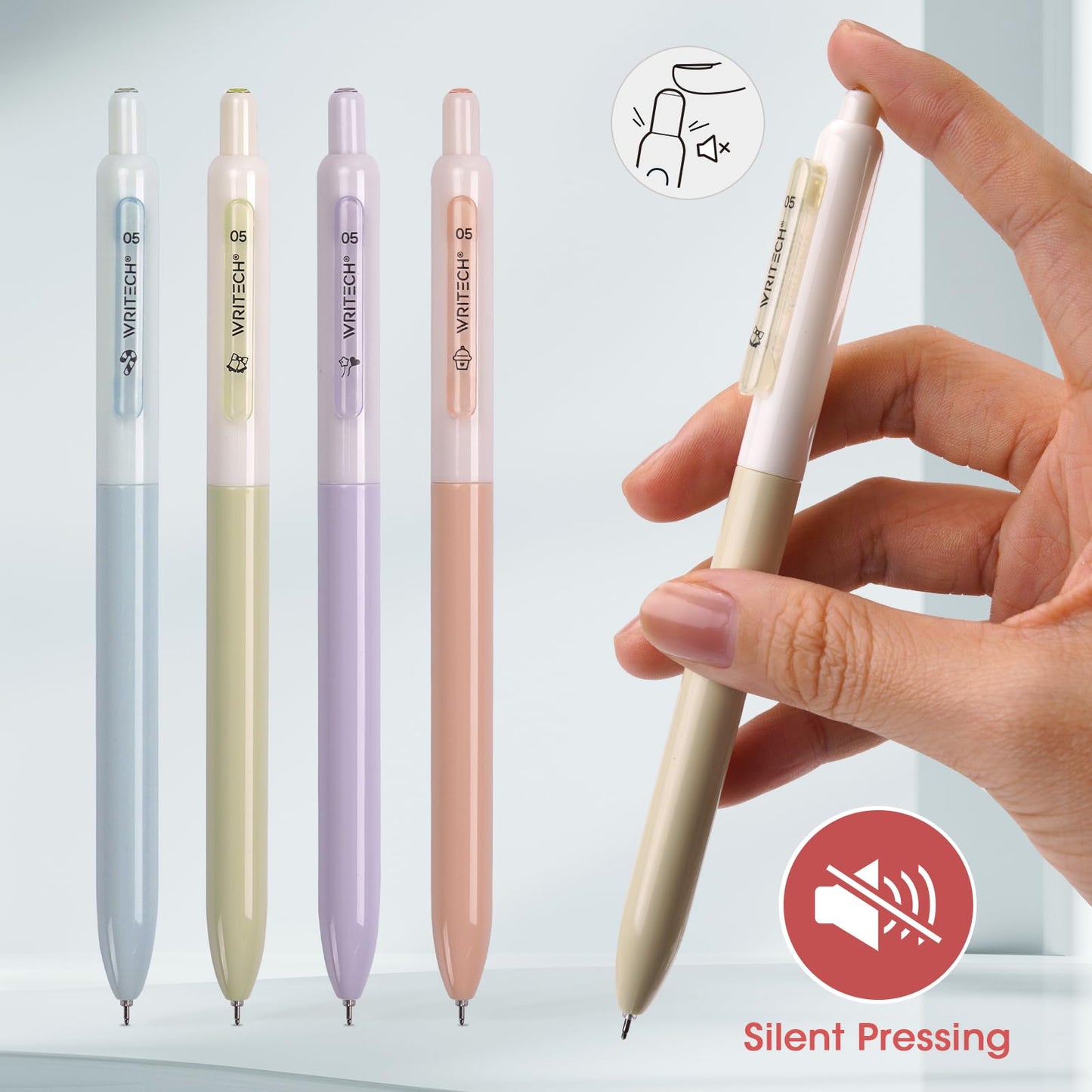 WRITECH Gel Pens Fine Point: 0.5mm Retractable Fine Point Smooth Writing Pen Set No Smear Black Ink Silent Click 4ct for Journaling