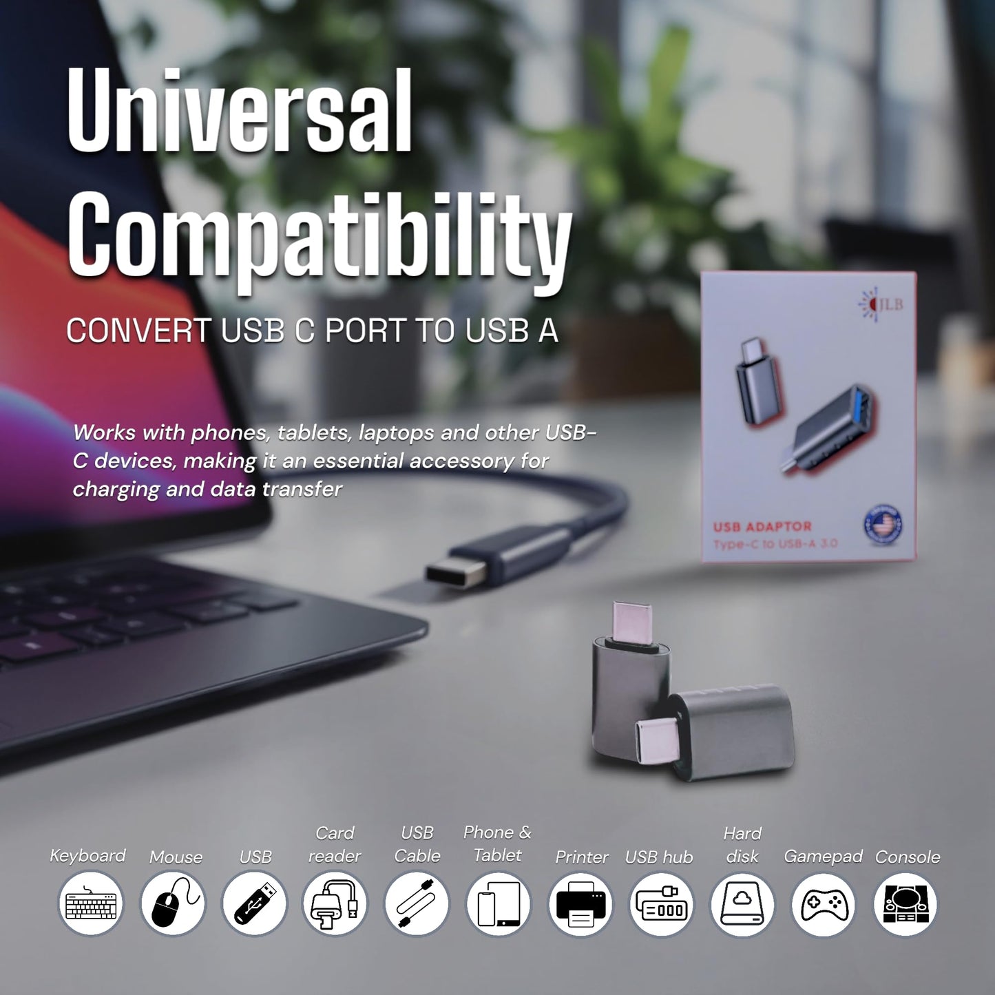 JLB USB C to USB Adapter (2 Pack), USB C Male to USB 3.0 Female Adapter, 5Gbps Data Transfer, Compatible with MacBook, iPad, iPhone, Microsoft…
