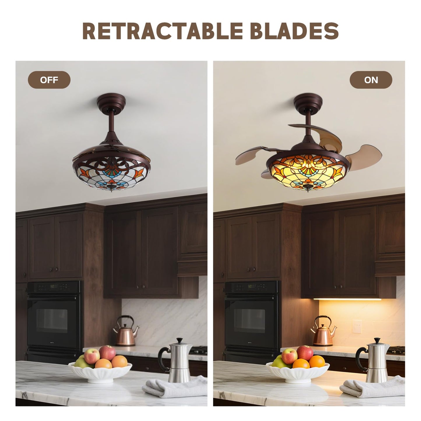 CROSSIO 36" Tiffany Style Ceiling Fan with Lights Vintage Fandelier Stained Glass Ceiling Fans with Lights Retractable Blades Chandelier Fan