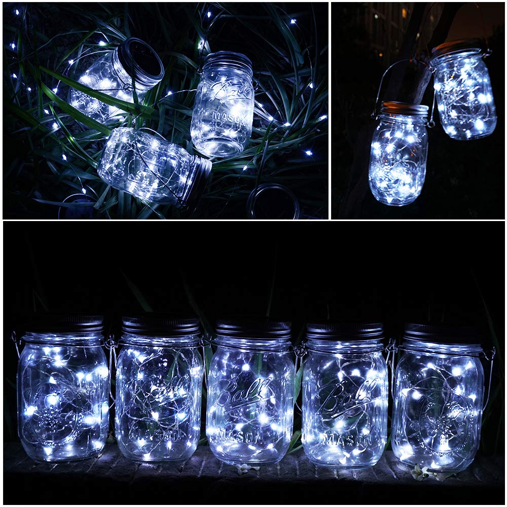 Solar Mason Jar Lights, 8 Pack 15 LED Waterproof Fairy Firefly Jar Lids String Lights with Hangers(NO Jars), Patio Yard Garden Wedding Easter