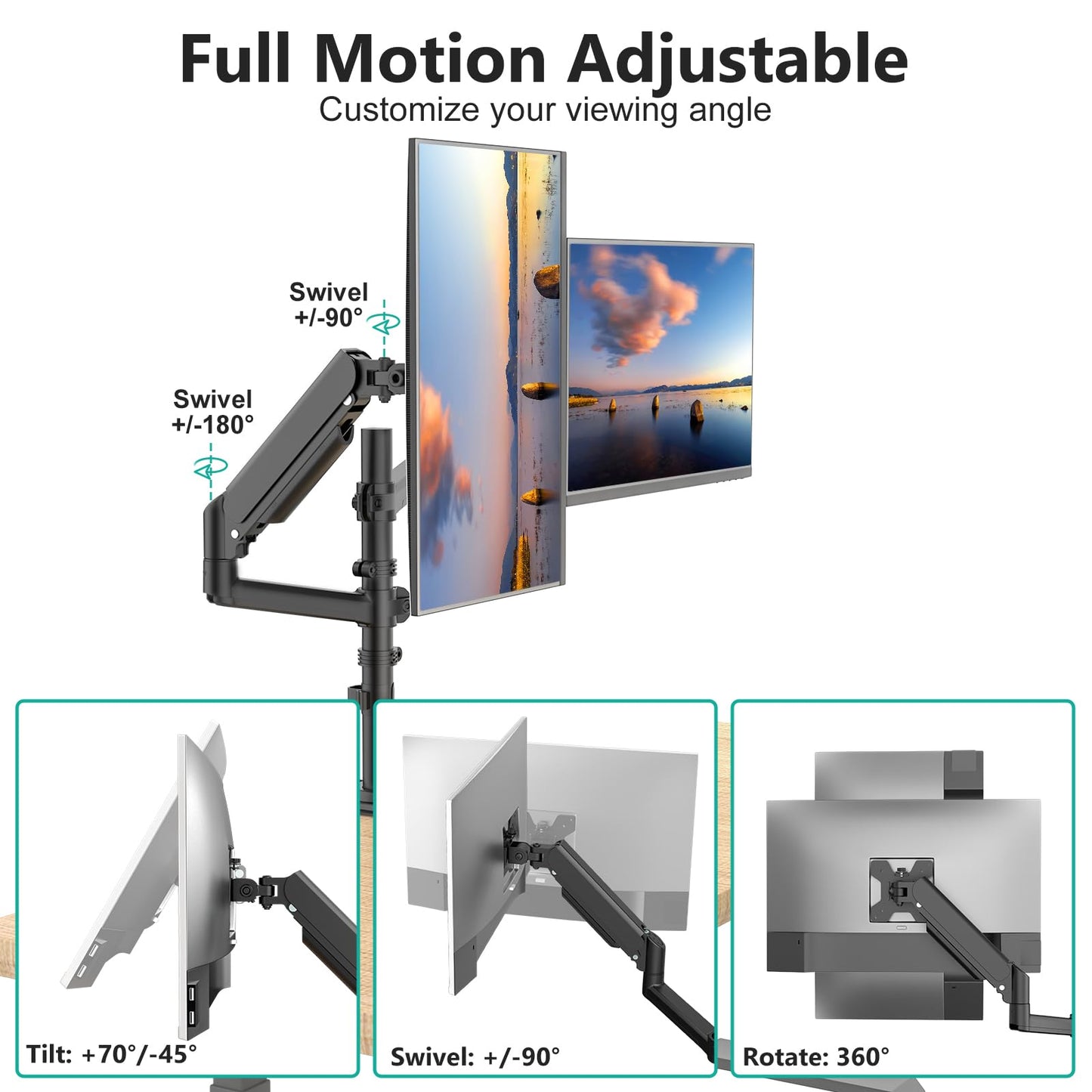 WALI Dual Monitor Mount, 13-32 Inch Adjustable Spring Dual Monitor Arm for Desk Holds Max 19.8 lbs Screens, Swivel Vesa Bracket with C Clamp, Grommet