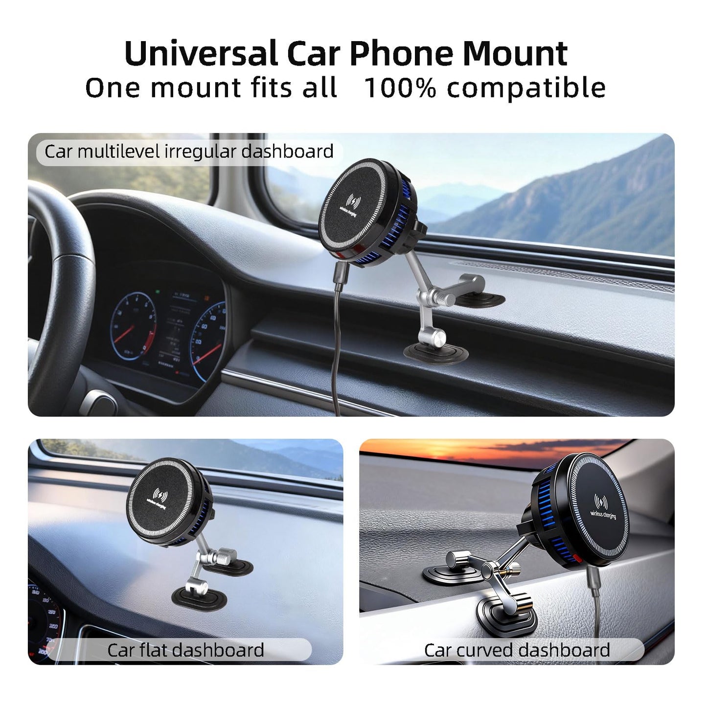 xik Car Phone Holder with Magnetic Cooling Charger for Dashboard,[90° Curved Surface mounting] Wireless Fast Charger for Magsafe iPhone 17 Pro Max 16