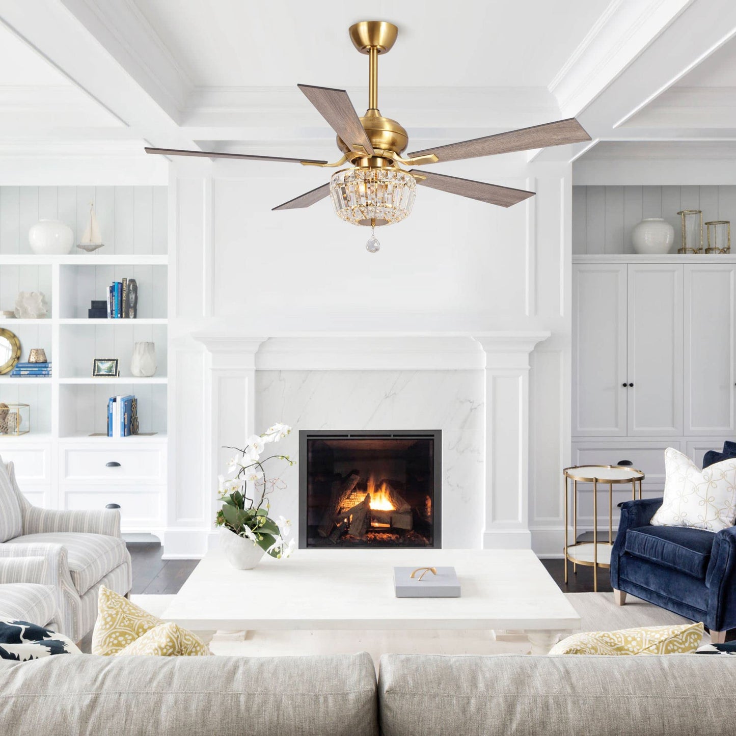 52 Inch Gold Ceiling Fans with Lights and Remote Crystal Chandelier Fan