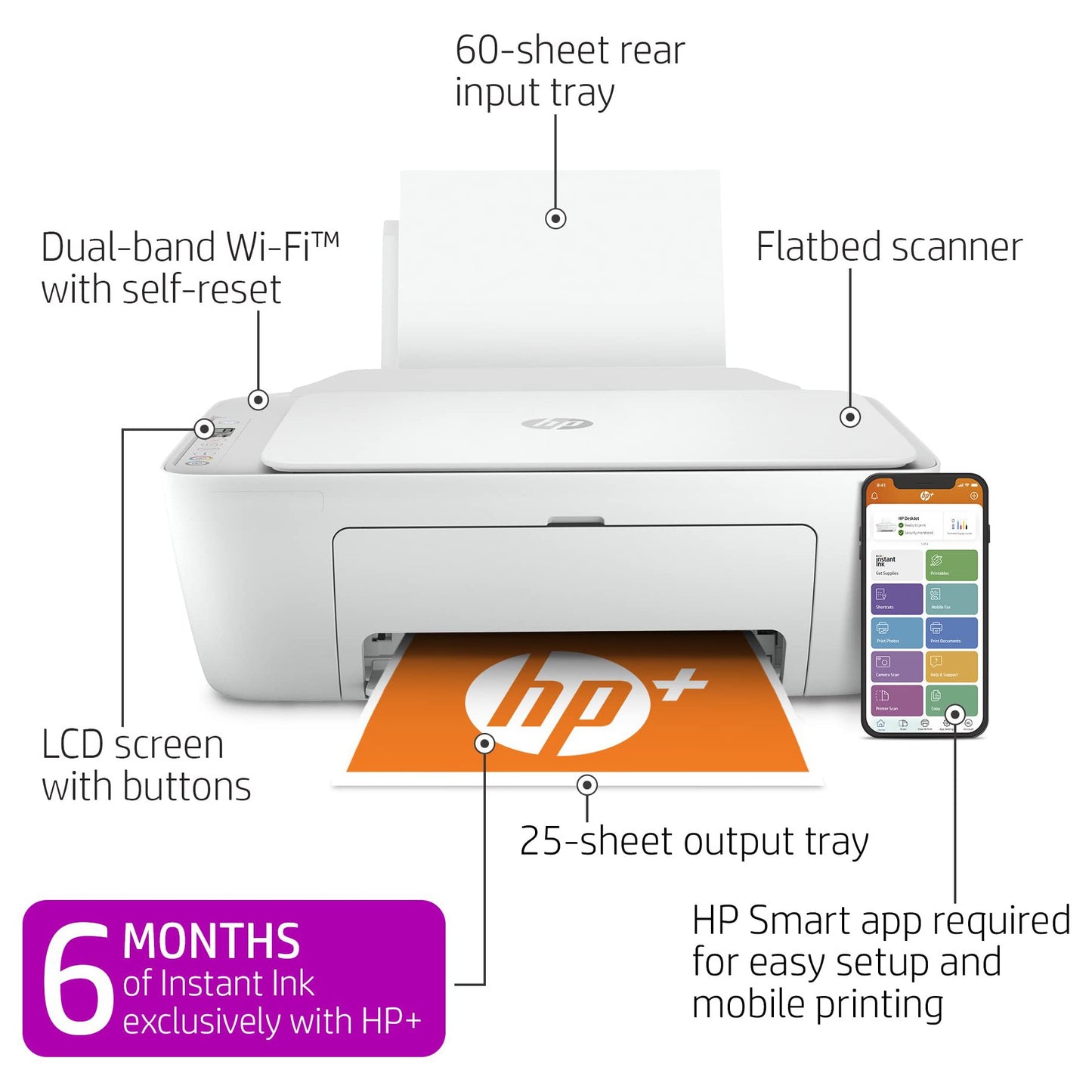 HP DeskJet 27 52e Wireless All-in-One Color Inkjet Printer for Home Office, White - Print Scan Copy - Icon LCD Display, 1200 x 1200 dpi, Dual-Band