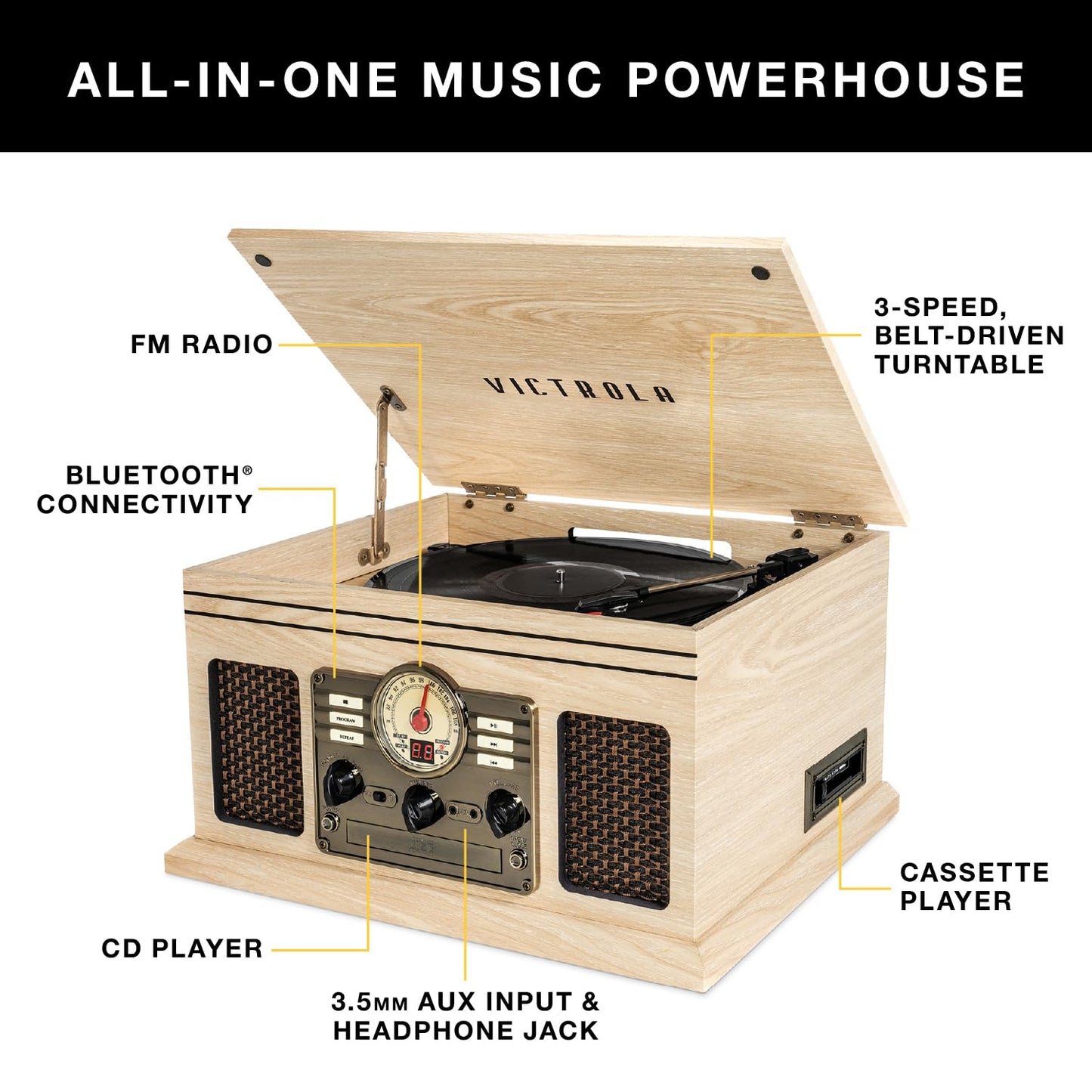 Victrola The Quincy 6-in-1 Bluetooth Record Player & Multimedia Center with Built-in Speakers - 3-Speed Turntable, CD & Cassette Player, FM Radio