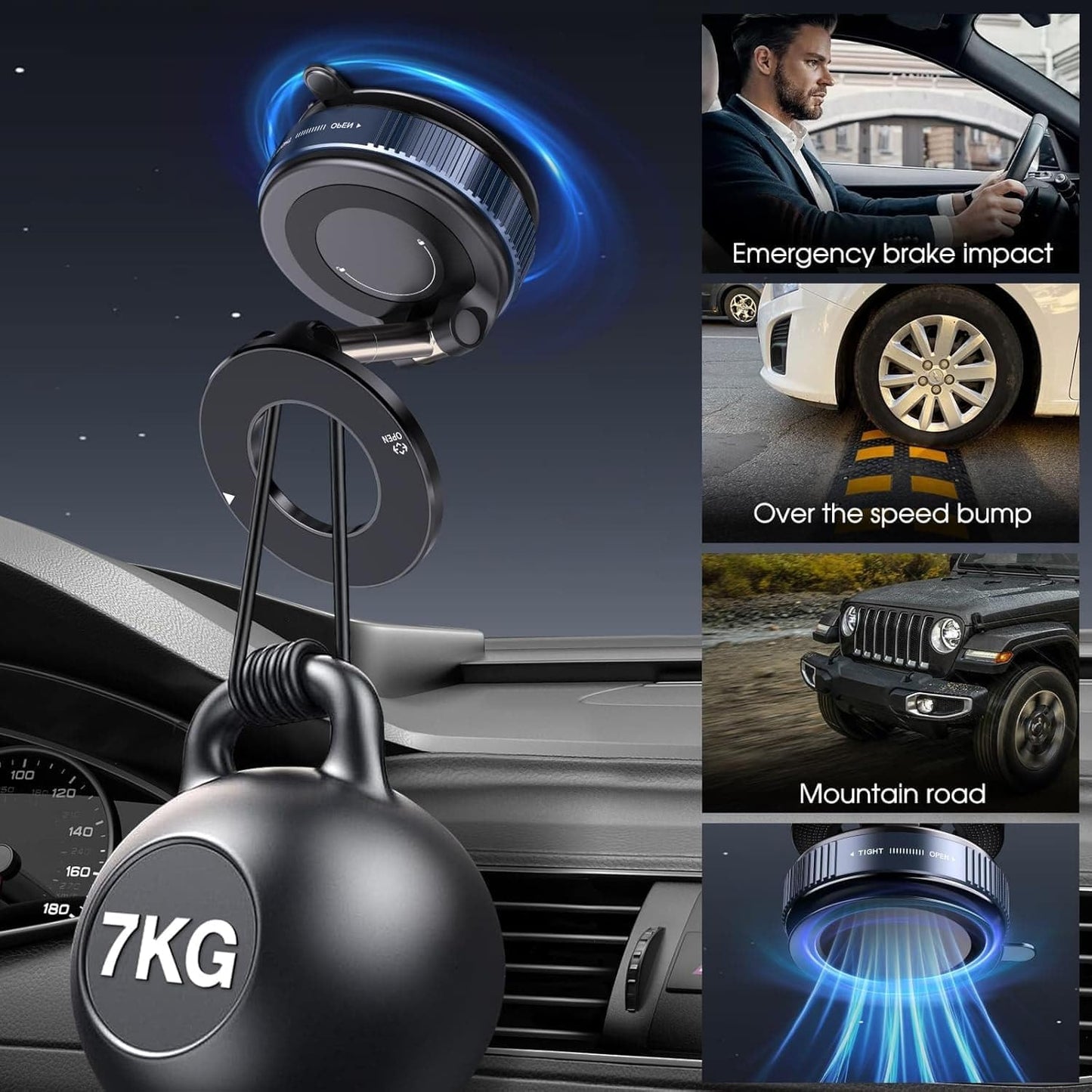 Magnetic Phone Mount, Multi-Surface Stand with N52 Magnet, 5.9-inch Adjustable Arm, for Car, Office Desk, Kitchen (Black)