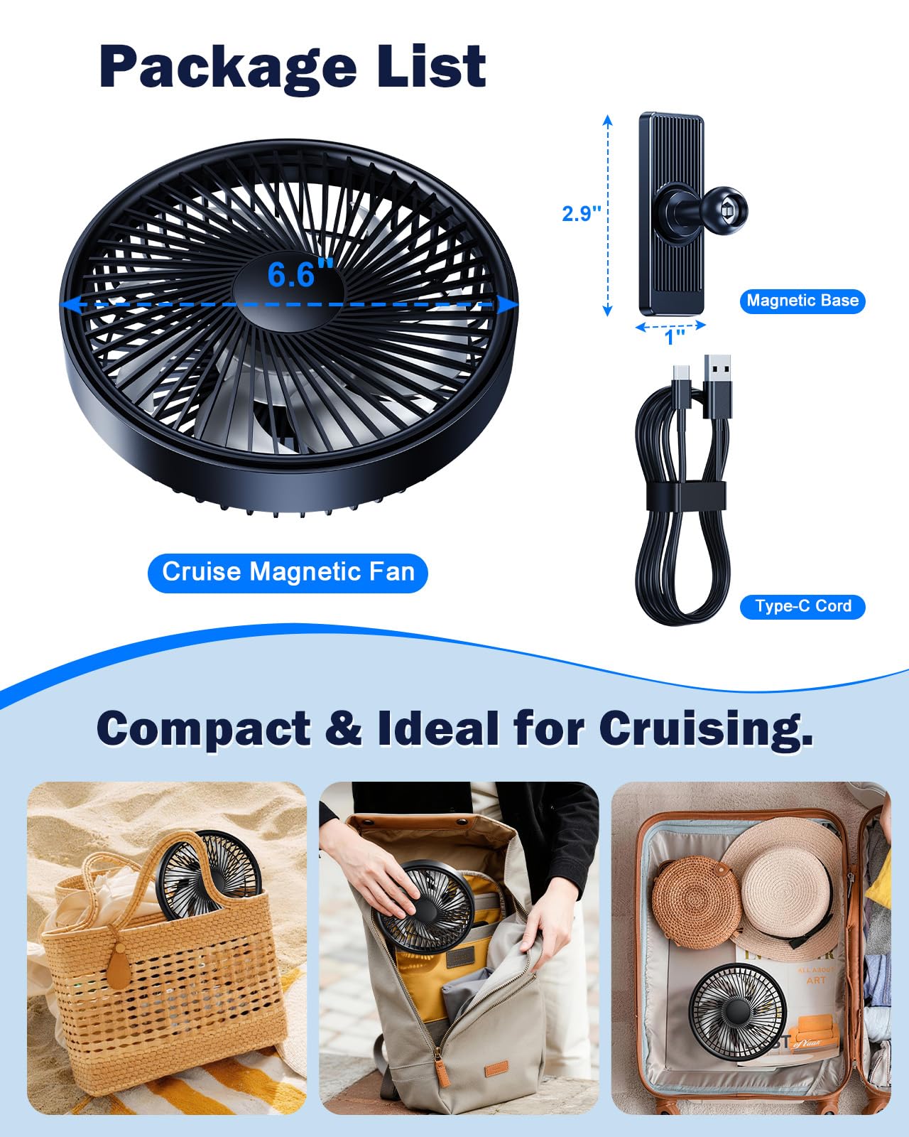 Nauttxon 6.6 Inch 3000mAh Magnetic Fan For Cruise Ship Cabin Wall Ceilings