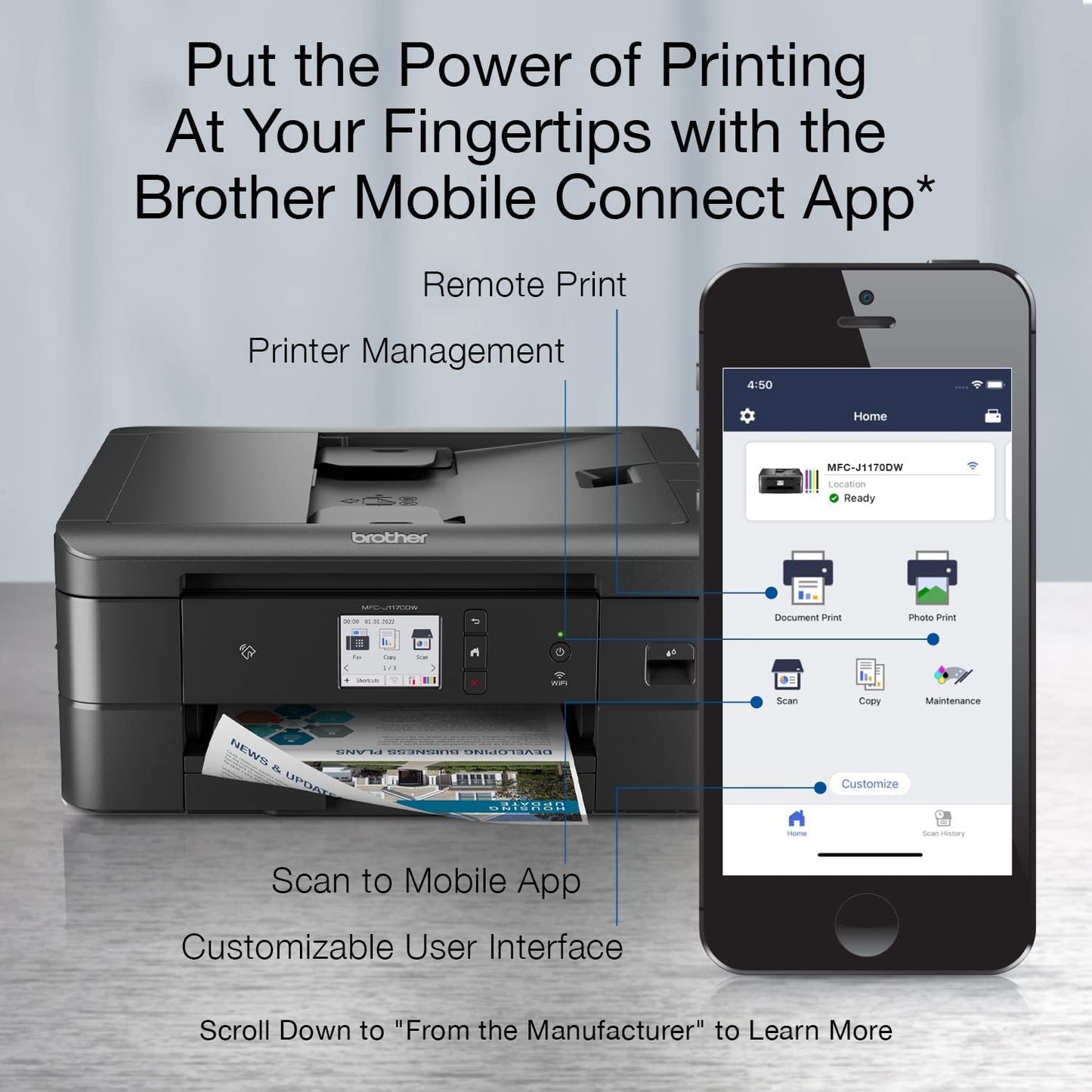 Brother MFC-J1170DW Wireless Color Inkjet All-in-One Printer with Mobile Device Printing, NFC, Cloud Printing & Scanning, Refresh Subscription
