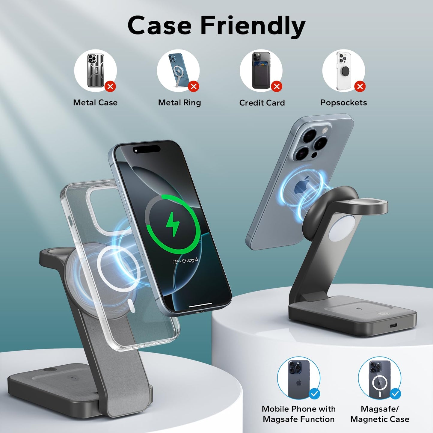 Eazpower 3 in 1 Foldable Wireless Charging Station for MagSafe, Nightstand Magnetic Charger Stand for iPhone 17 16 15 14 Pro Max, Travel Charging Dock