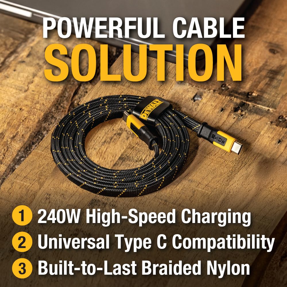 DEWALT Heavy Duty USB C to USB C Fast Charging Cable, Flat 240W USBC to USBC Charge Cable, High Speed Type-C Charging for iPhone 17 16 15 Pro Max