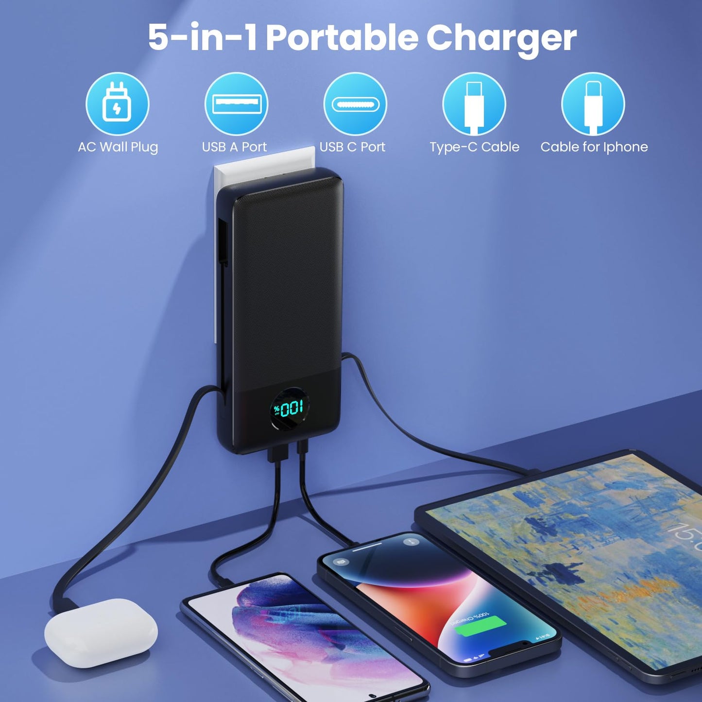 Portable Charger 33800mAh USB C Power Bank with Built-in Cables & AC Wall Plug,25W Fast Charging+QC 4.0 Phone Charger,4 Output Travel Essentials