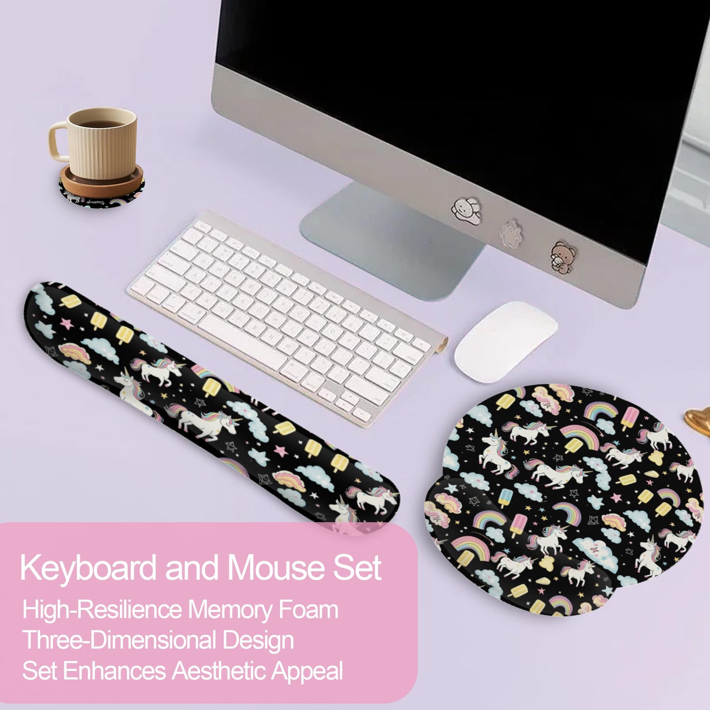 Cute Unicorn Starry Sky Rainbow Ergonomic Wrist Support Keyboard Mouse Wrist Rest Set, Computer Office Comfortable Wrist Rest for Mouse Easy Typing