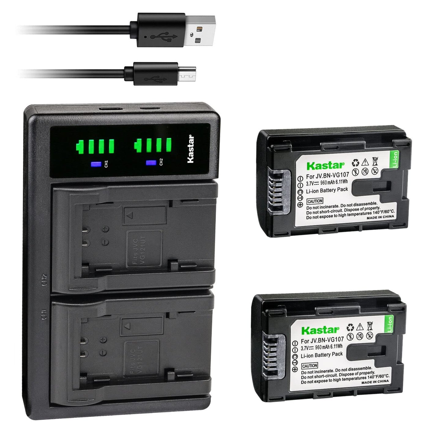 Kastar 2-Pack BN-VG107 Battery and LTD2 USB Charger Replacement for JVC BN-VG107 BN-VG107AC BN-VG107E BN-VG107EU BN-VG107U BN-VG107US BN-VG107USM