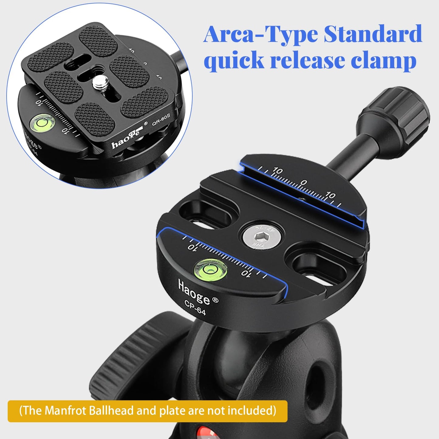 Haoge Combo Boss Adapter with CP-64 64mm Arca-Swiss-Compatible Quick Release Clamp for Manfrotto Tripod Ball Head Clamp Replacement