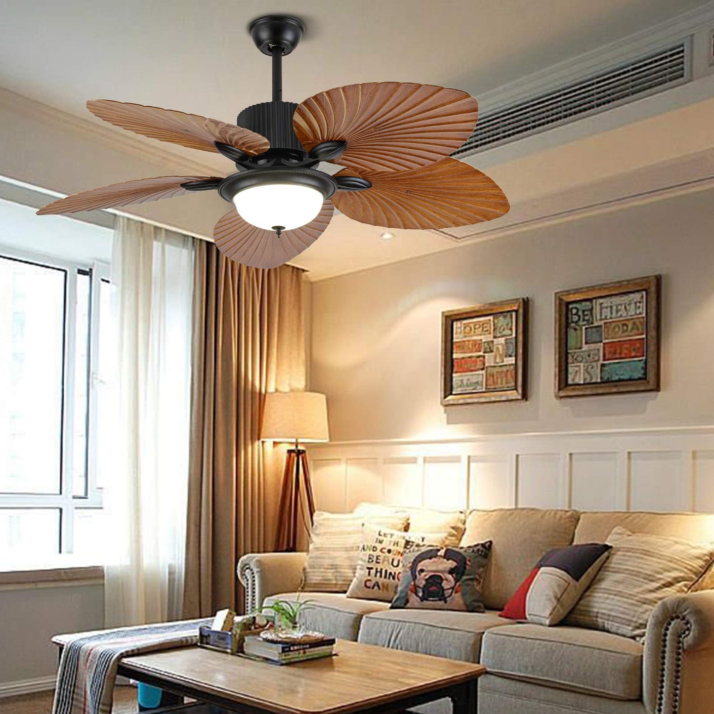 N/B 52 Inch Tropical Palm Leaf Ceiling Fan Chandelier Bedroom Living Room 5 Leaf Decorative Light Ceiling Lamp with Remote Control