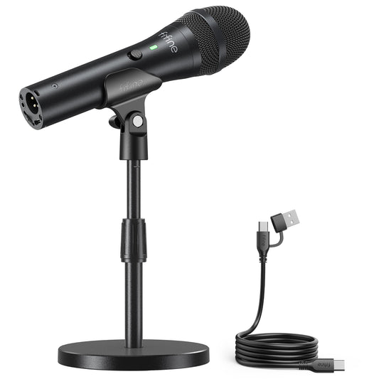 FIFINE USB/XLR Dynamic Microphone for Podcast Recording, Studio Handheld Mic Set with Desktop Stand for Vocal, Voice Over, Streaming, Black-AmpliTank