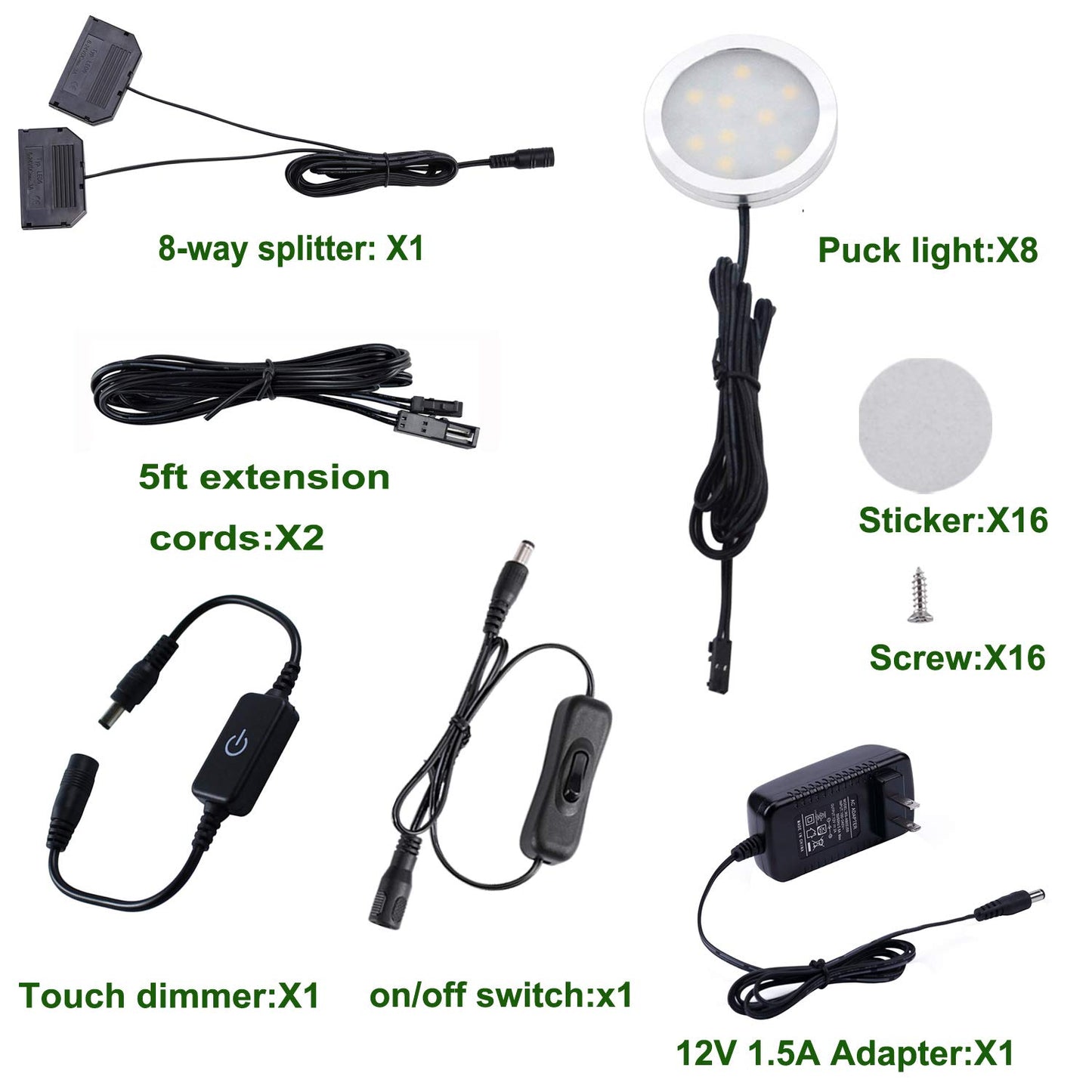 AIBOO LED Under Cabinet Puck Lights Kit with Touch Dimming Switch for Accent Display in Cabinet Lighting (8 Lights,Warm White)